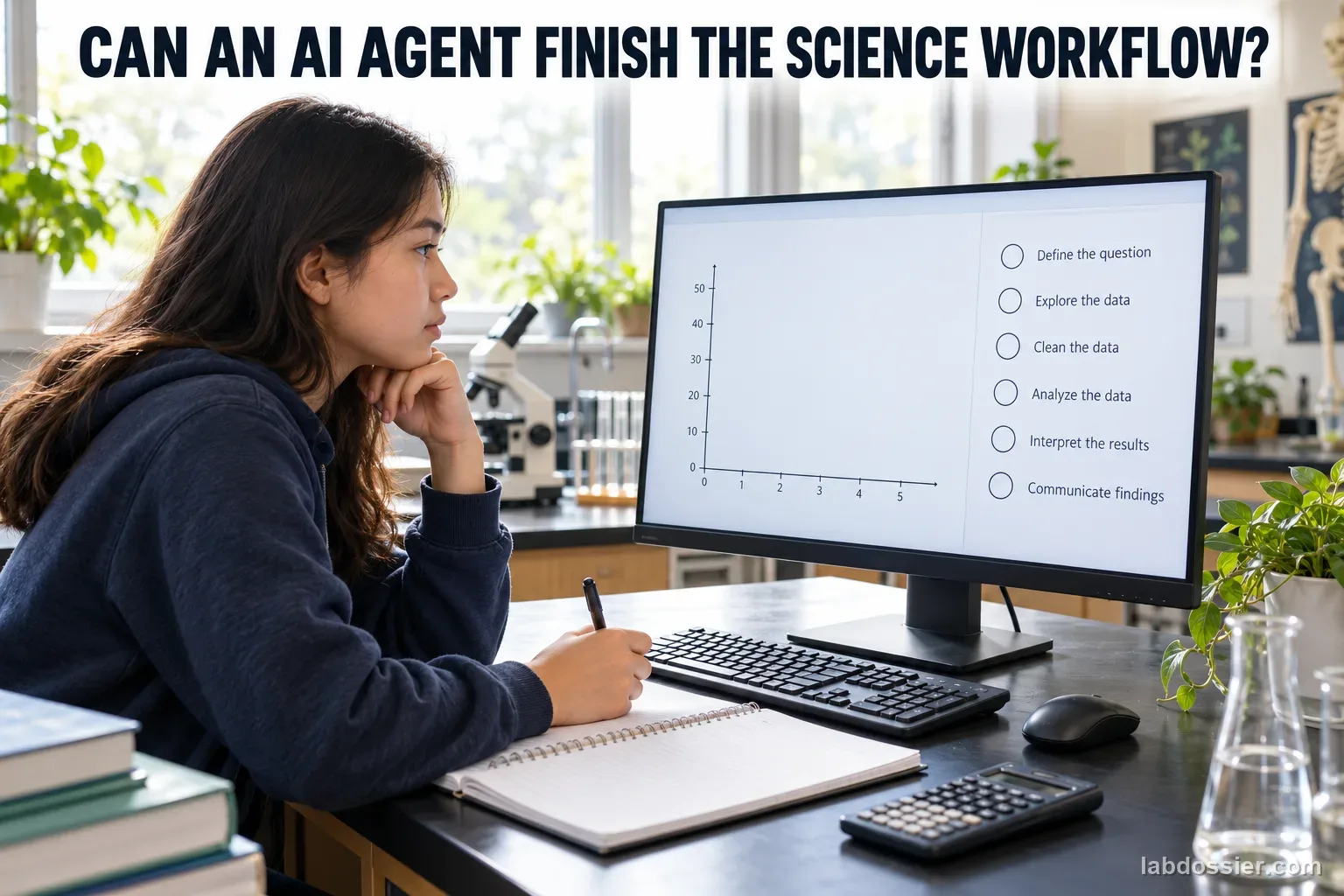 A student evaluates an AI agent's science-data workflow at a desktop monitor with an anonymous spreadsheet and illustrative graph, beneath the exact headline CAN AN AI AGENT FINISH THE SCIENCE WORKFLOW?