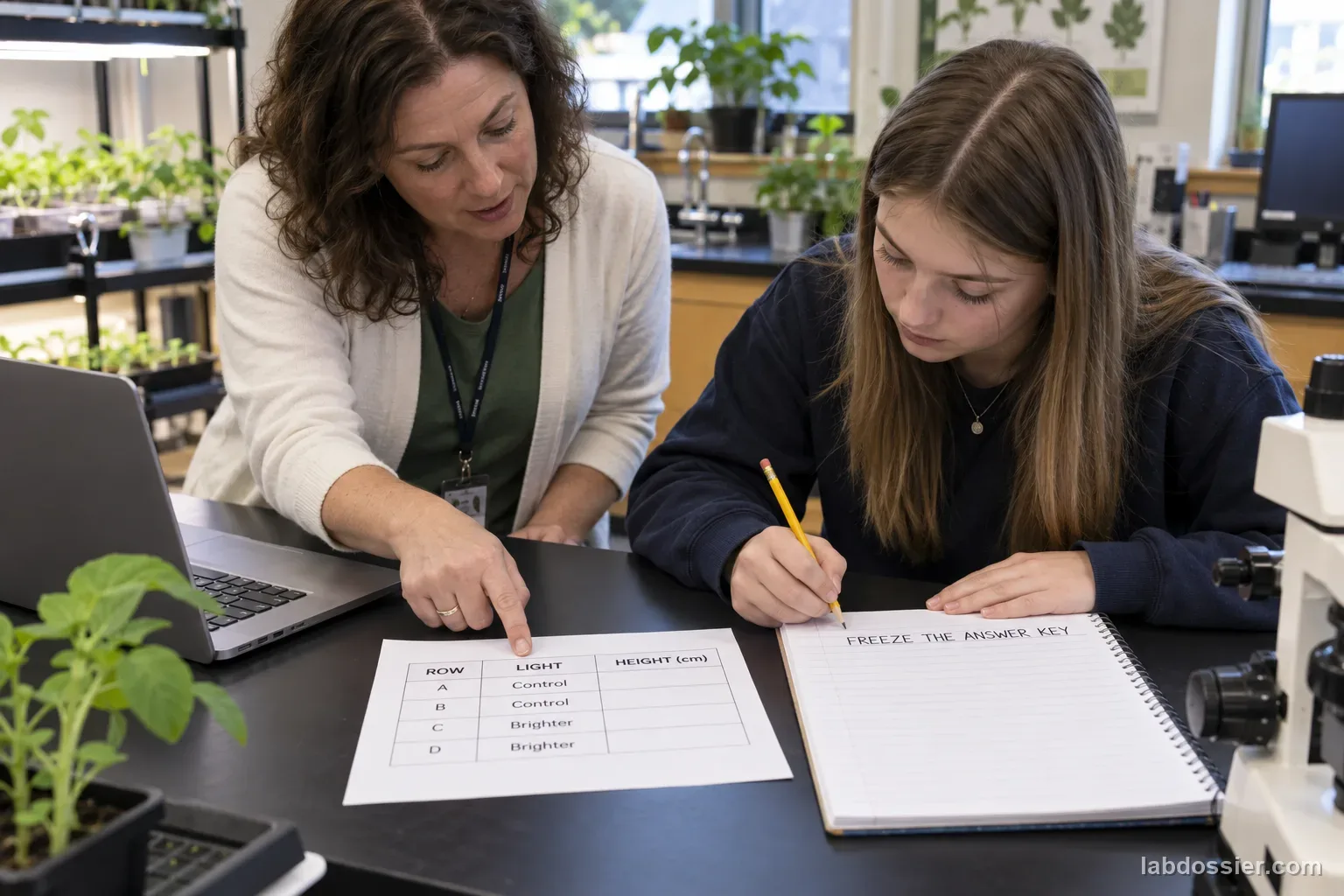 A teacher and student compare a synthetic plant-growth table on screen and paper with a notebook headed FREEZE THE ANSWER KEY.