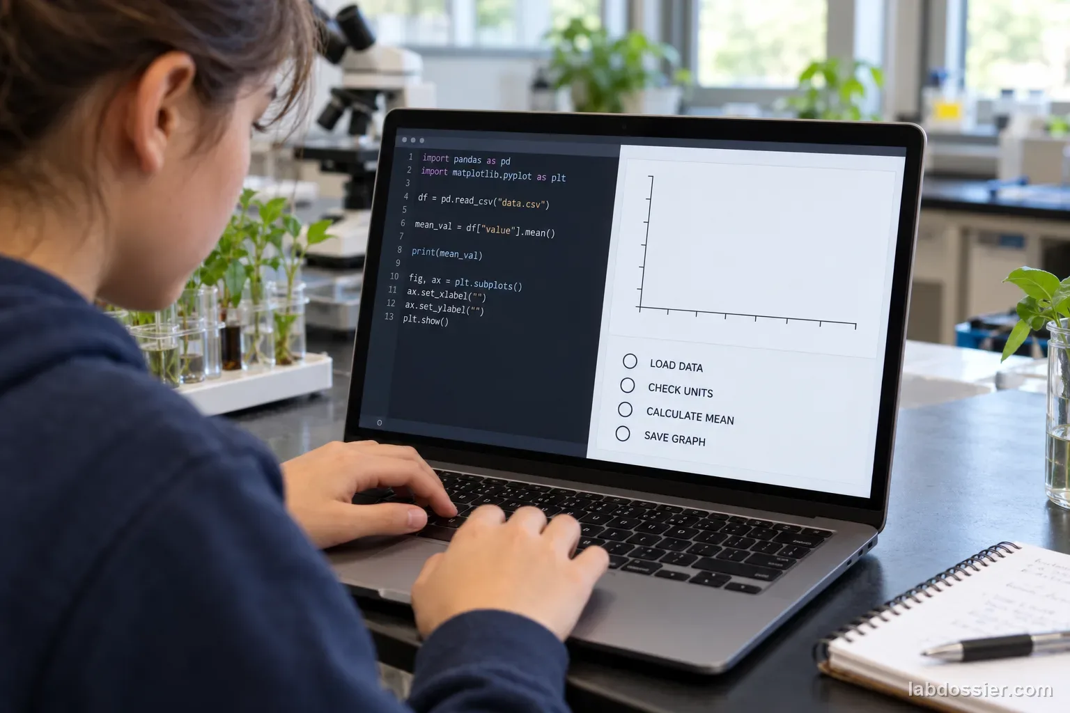 A student uses a laptop with a code editor, an empty chart frame and an unchecked four-step task list labeled LOAD DATA, CHECK UNITS, CALCULATE MEAN and SAVE GRAPH.