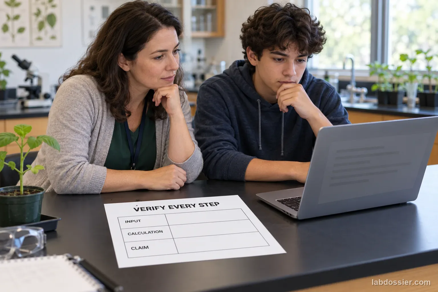 A teacher and student compare an AI text output with the original printed synthetic dataset beside a small seedling; the page is headed VERIFY EVERY STEP.
