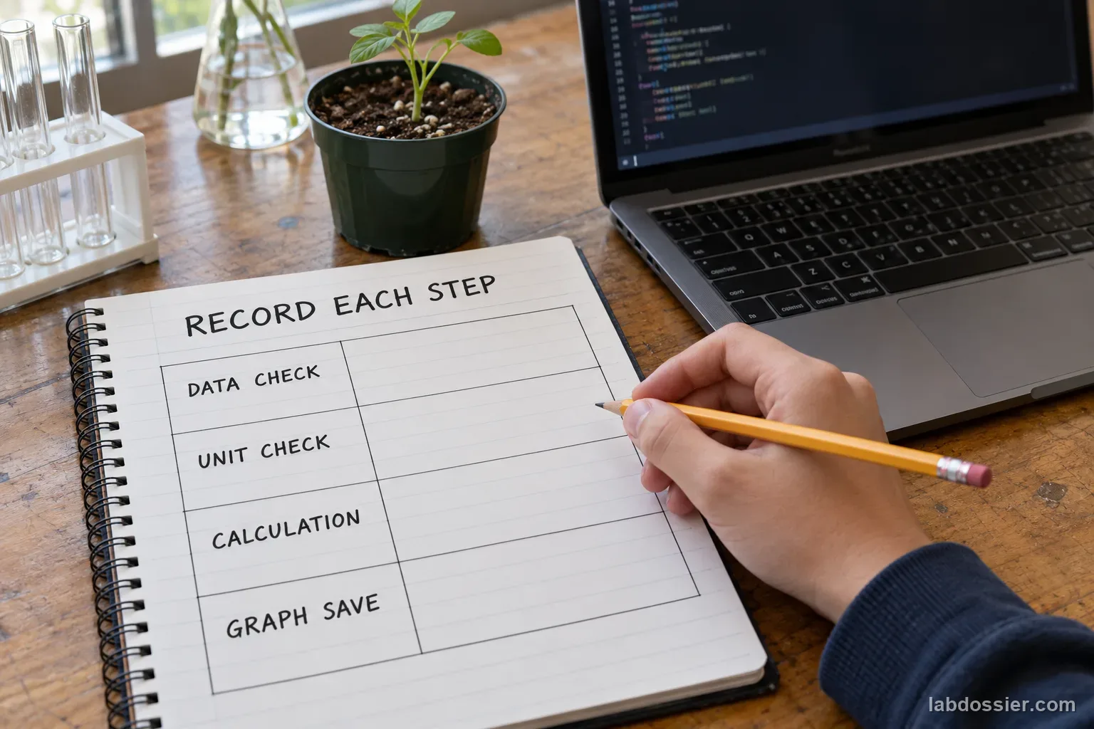 A blank laboratory notebook next to a laptop and seedling has a readable four-row process log headed RECORD EACH STEP, with data check, unit check, calculation and graph-save rows.