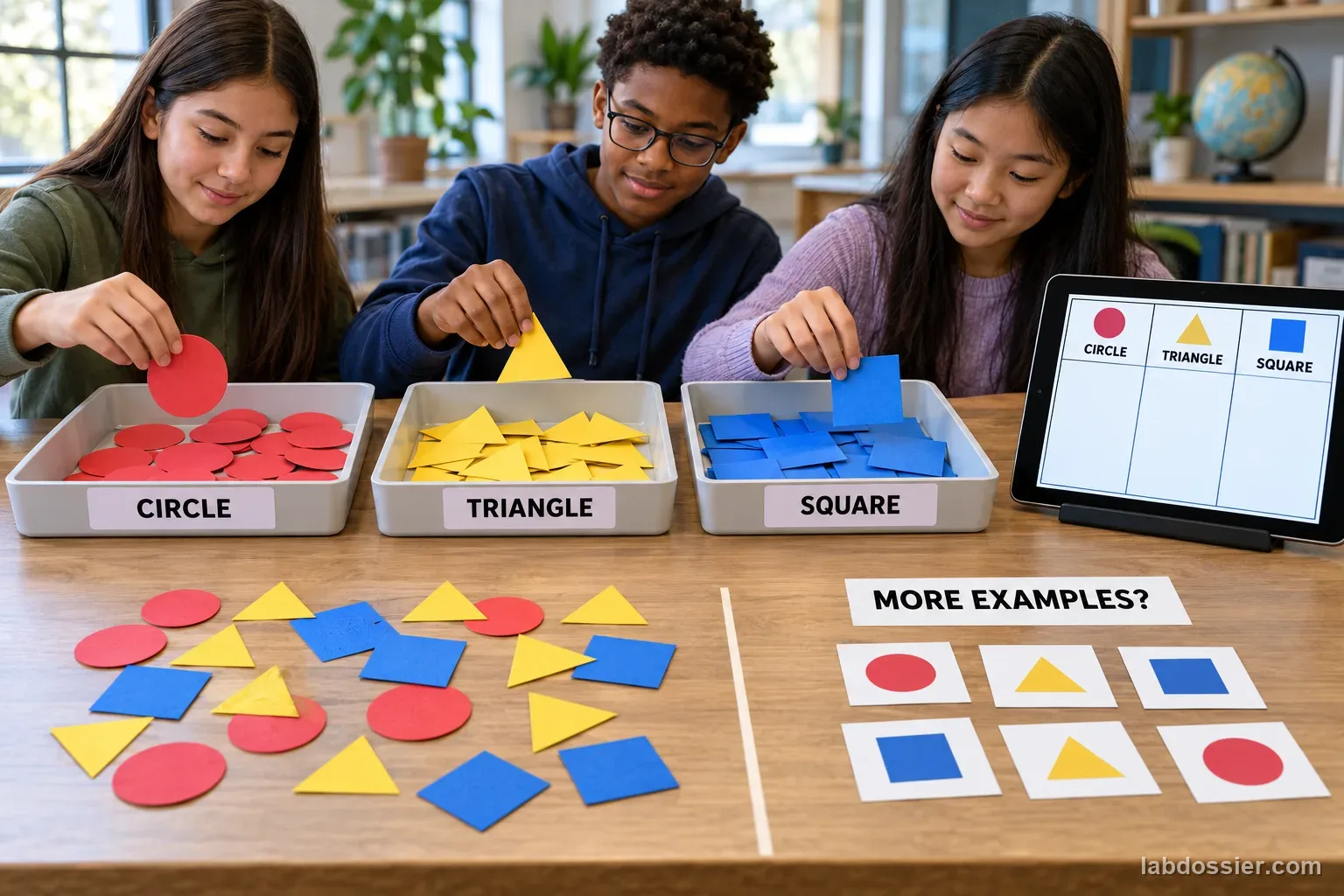 Students sort circle, triangle and square images into three classes beside an empty classifier and a separate set of new test cards. The image reads MORE EXAMPLES?