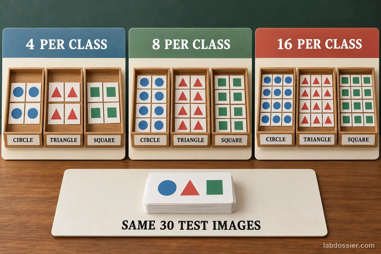 Three balanced shape-class panels labeled 4 PER CLASS, 8 PER CLASS and 16 PER CLASS sit above the same separate stack labeled SAME 30 TEST IMAGES.