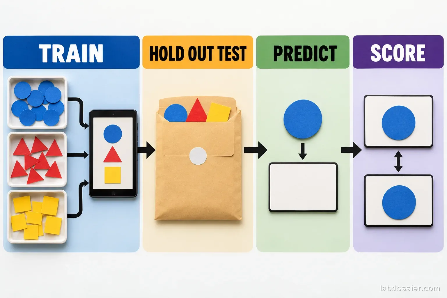 Four labeled stages—TRAIN, HOLD OUT TEST, PREDICT and SCORE—show circles, triangles and squares; new test cards remain in a separate envelope before prediction.