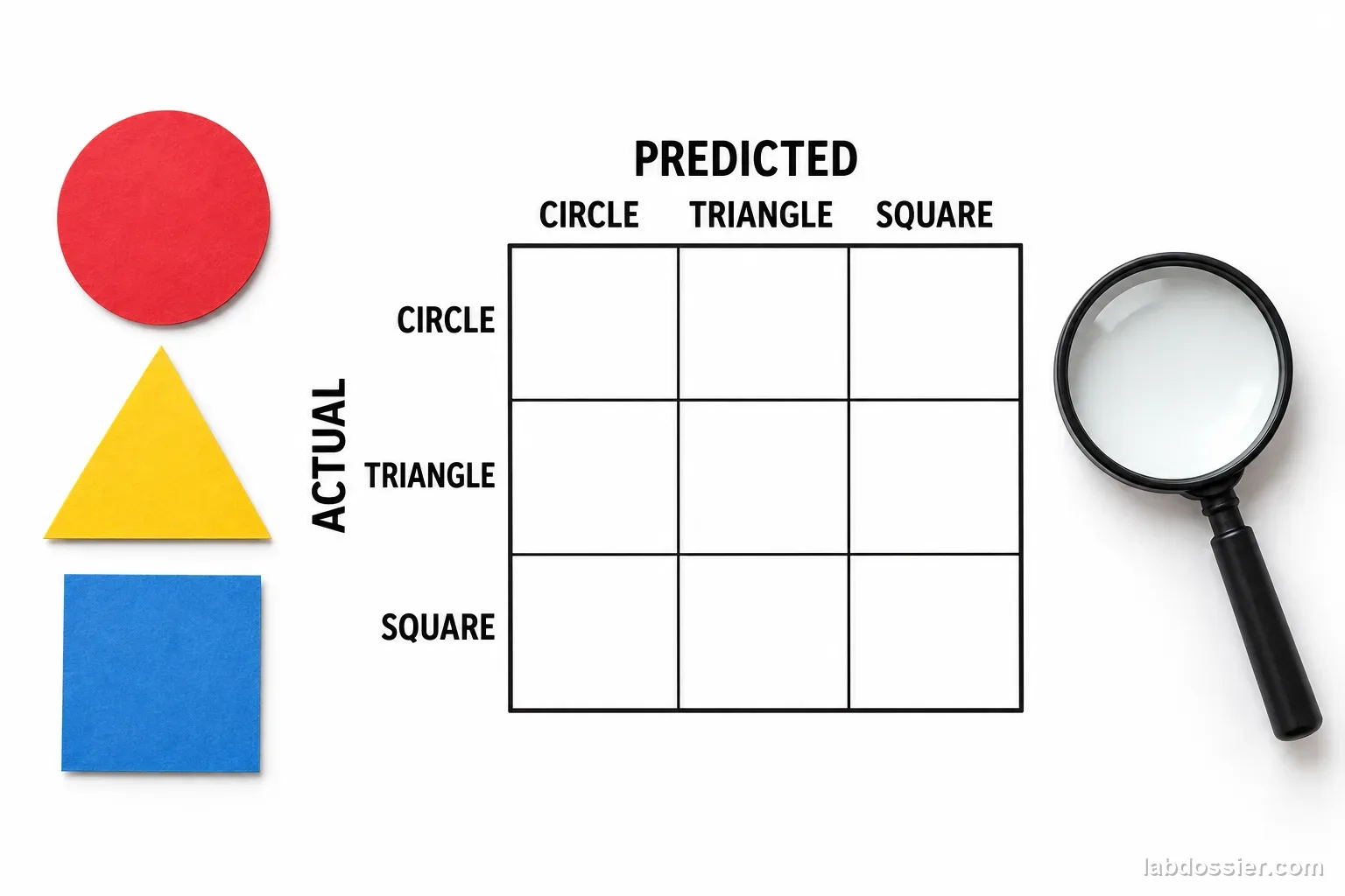 A blank 3 by 3 confusion matrix has ACTUAL classes as rows and PREDICTED classes as columns for circle, triangle and square; every cell is empty.