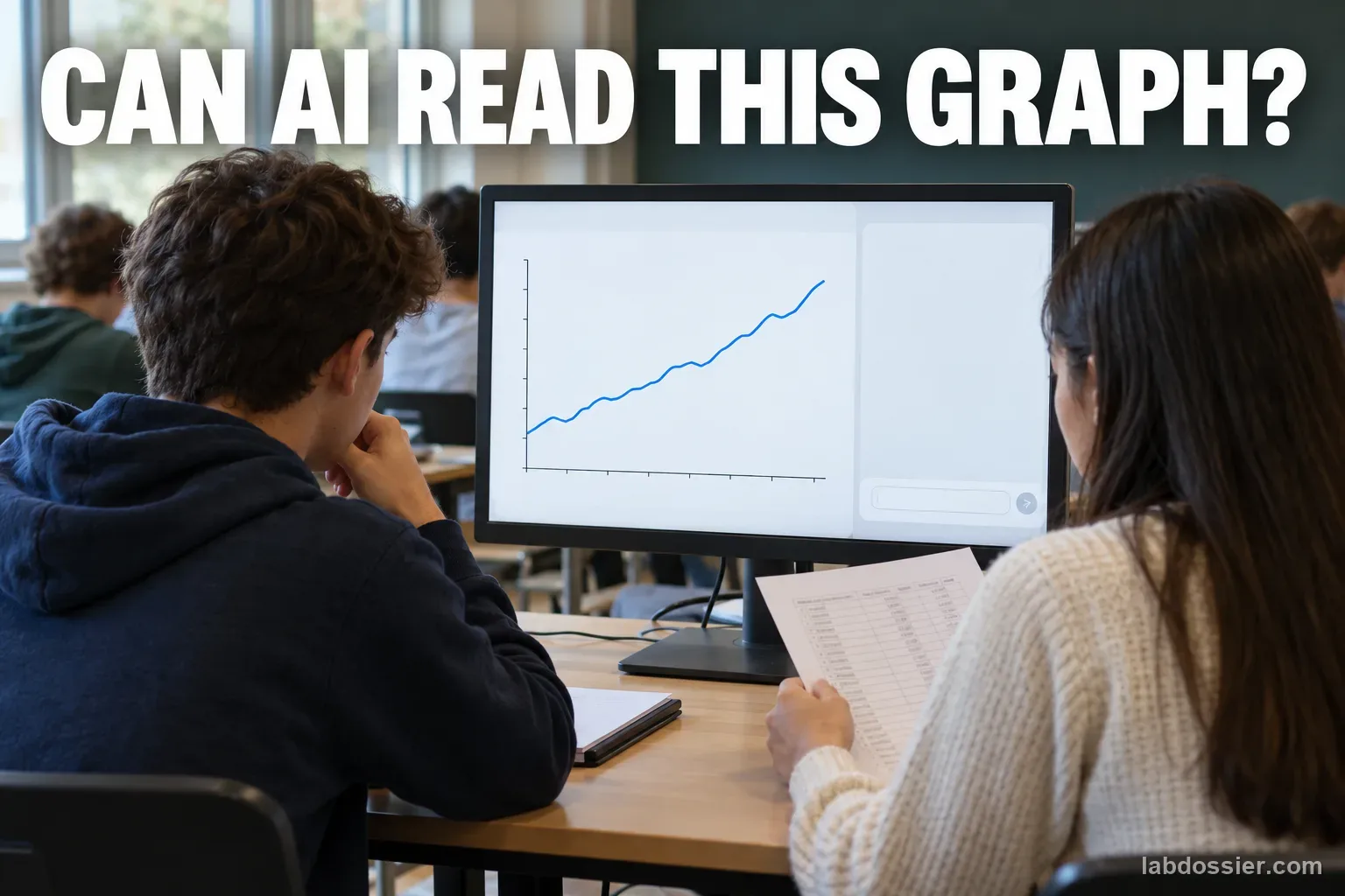 Two students inspect a multiseries line chart on a classroom monitor; the embedded headline asks CAN AI READ THIS GRAPH?
