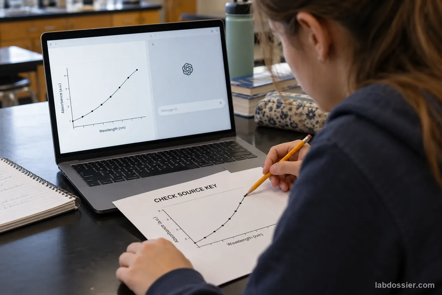 A student compares one graph on a laptop with a printed sheet headed CHECK SOURCE KEY while checking its axes with a pencil.