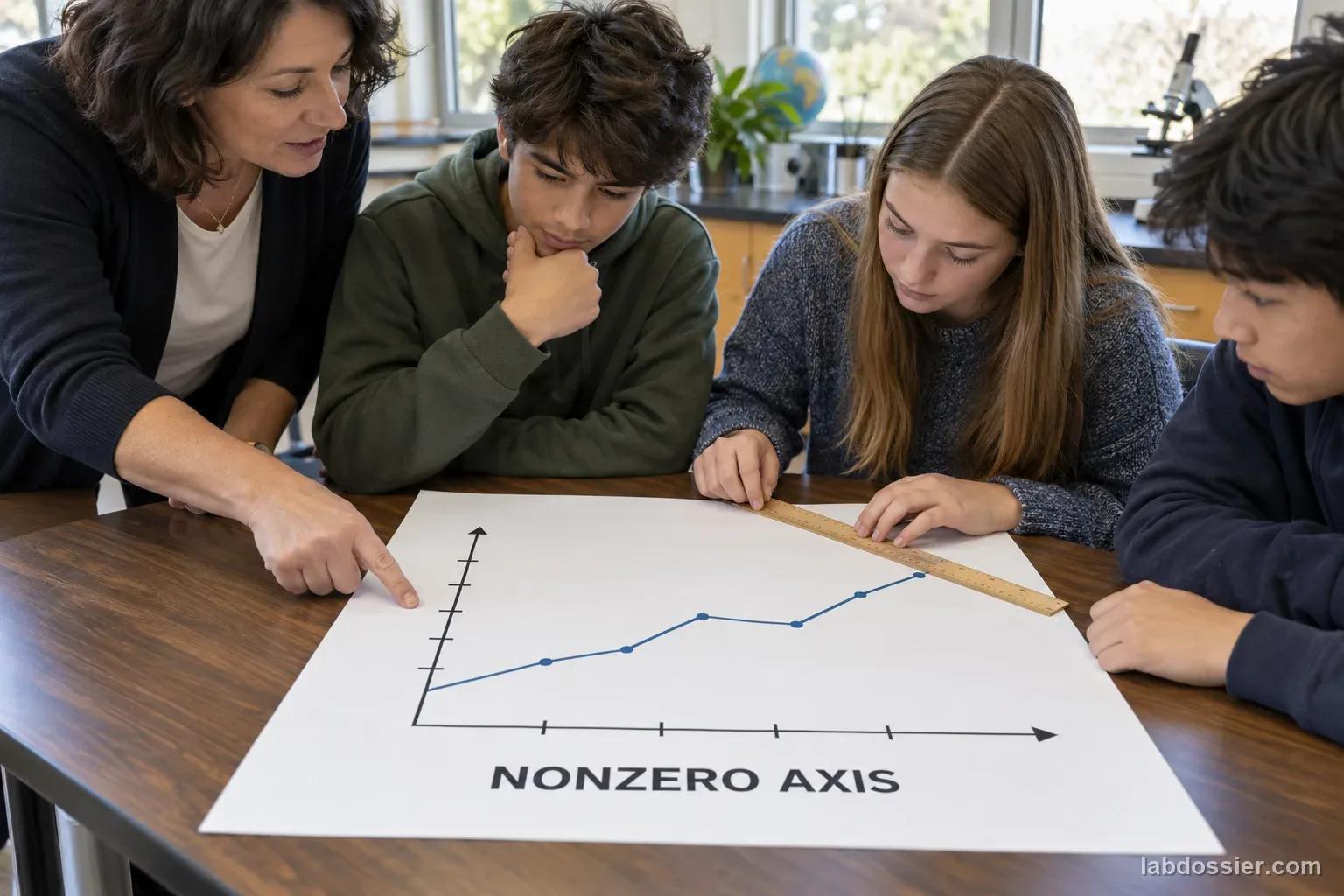 A teacher and students examine a single line graph labeled NONZERO AXIS, with the teacher pointing to the vertical-axis scale; no measured values or findings are shown.