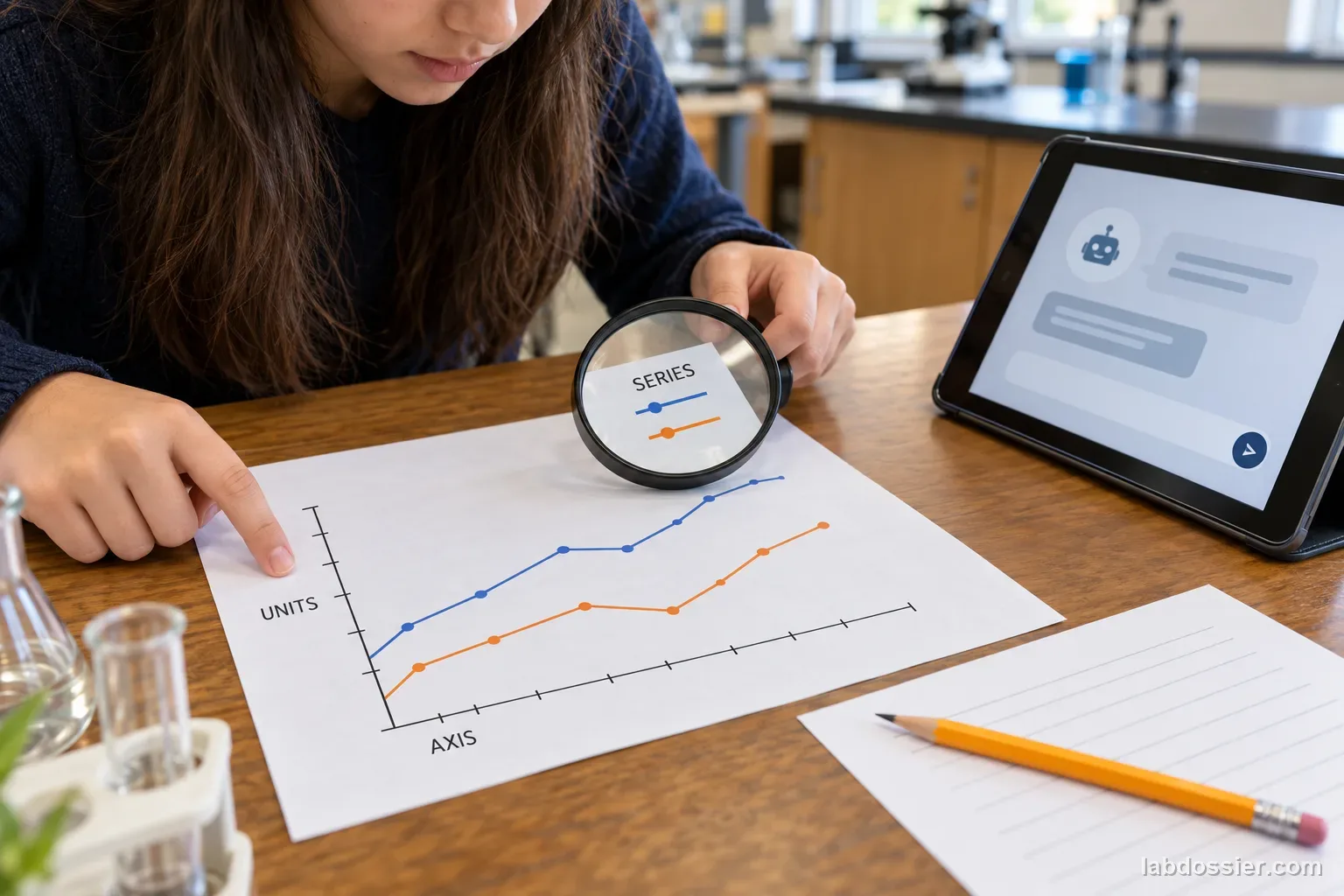 A magnifying glass highlights a printed line graph labeled AXIS, UNITS and SERIES next to an AI laptop and blank response table.