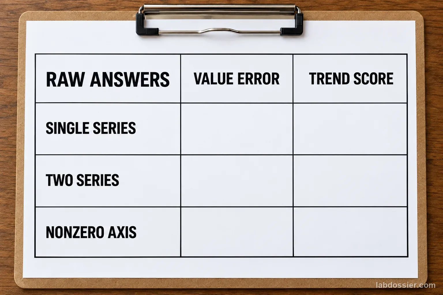 A blank raw-answer worksheet has columns RAW ANSWERS, VALUE ERROR and TREND SCORE and rows SINGLE SERIES, TWO SERIES and NONZERO AXIS.