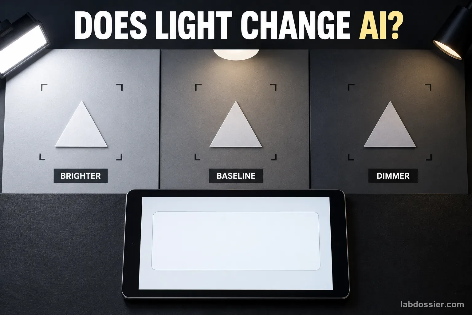 The same paper triangle and fixed camera appear under brighter, baseline and dimmer lighting, with the question DOES LIGHT CHANGE AI? above a blank classifier screen.