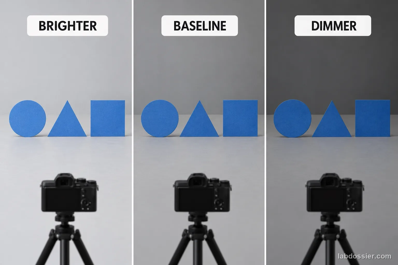 A circle, triangle and square are shown with the same camera in three light panels labeled BRIGHTER, BASELINE and DIMMER.