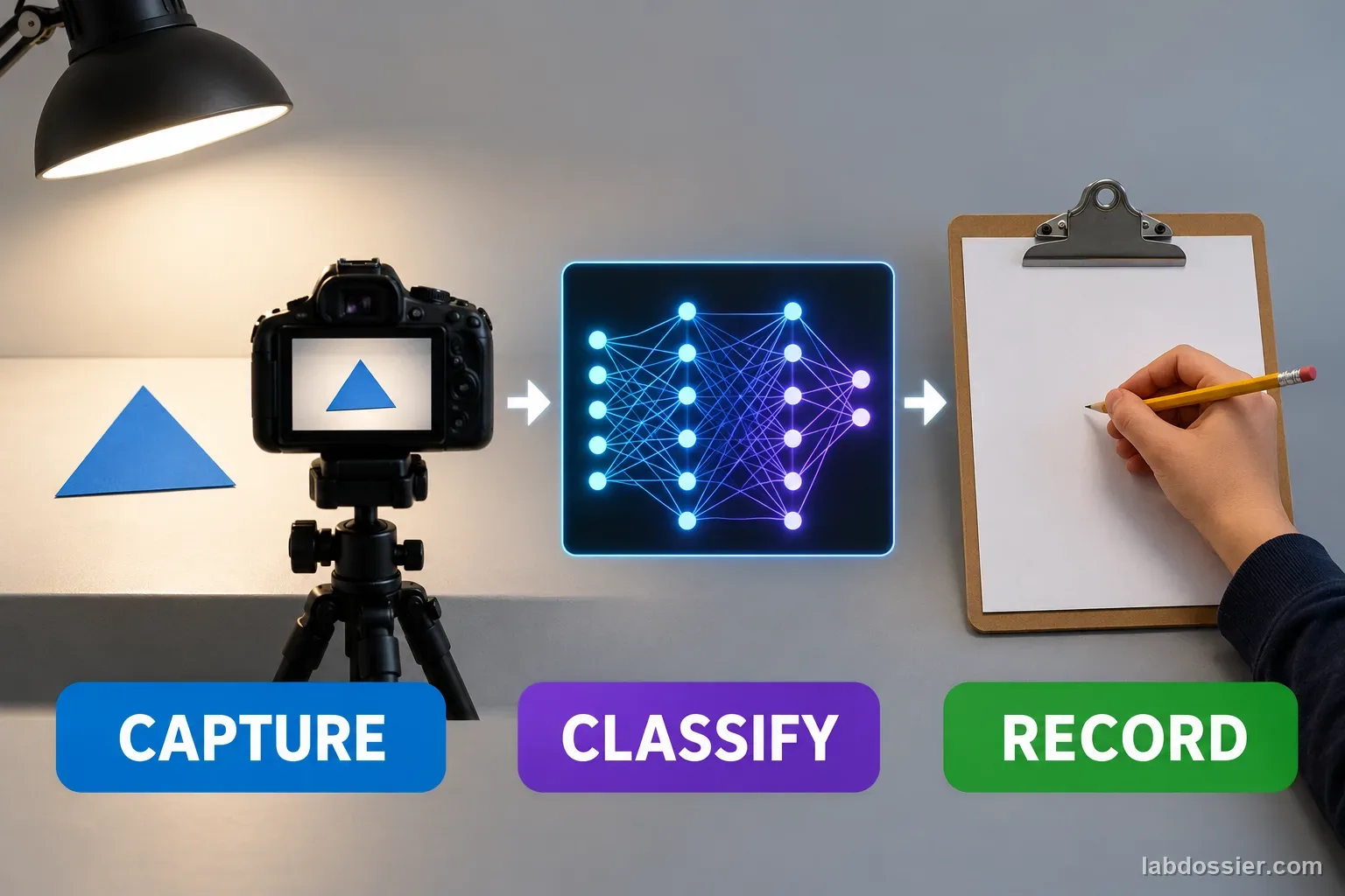 A computer-vision procedure labeled CAPTURE, CLASSIFY and RECORD shows one triangle, a fixed camera, an abstract classifier and an empty clipboard.
