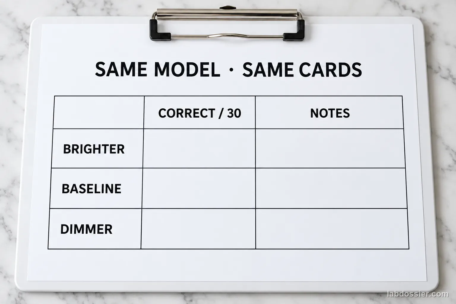 A completely blank recording sheet titled SAME MODEL · SAME CARDS has empty rows for BRIGHTER, BASELINE and DIMMER and columns CORRECT / 30 and NOTES.