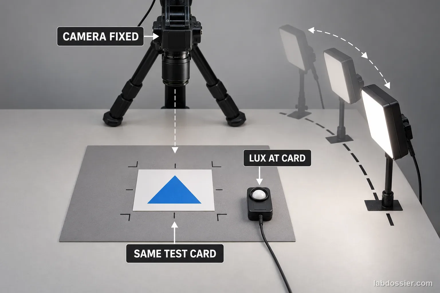A fixed camera points at one triangle on a marked test position while a lux meter sits at the card and diffused LED panels show possible light settings; labels read CAMERA FIXED, LUX AT CARD and SAME TEST CARD.