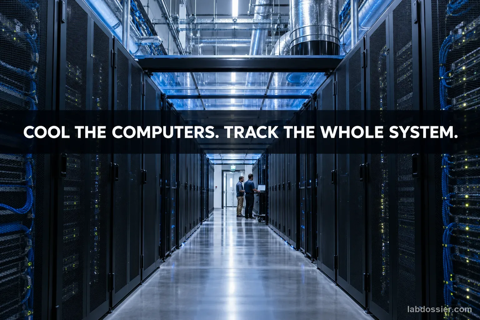 Editorial photograph of a real server aisle with technicians and the exact headline COOL THE COMPUTERS. TRACK THE WHOLE SYSTEM.