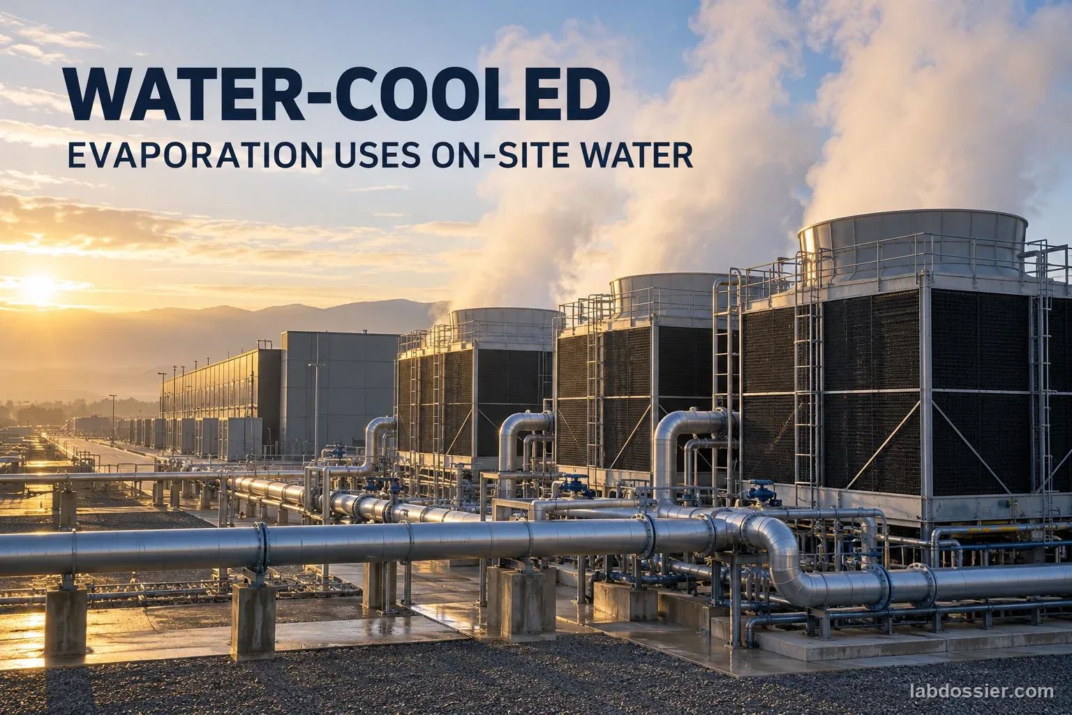 Outdoor evaporative cooling towers and pipework with readable labels WATER-COOLED and EVAPORATION USES ON-SITE WATER.