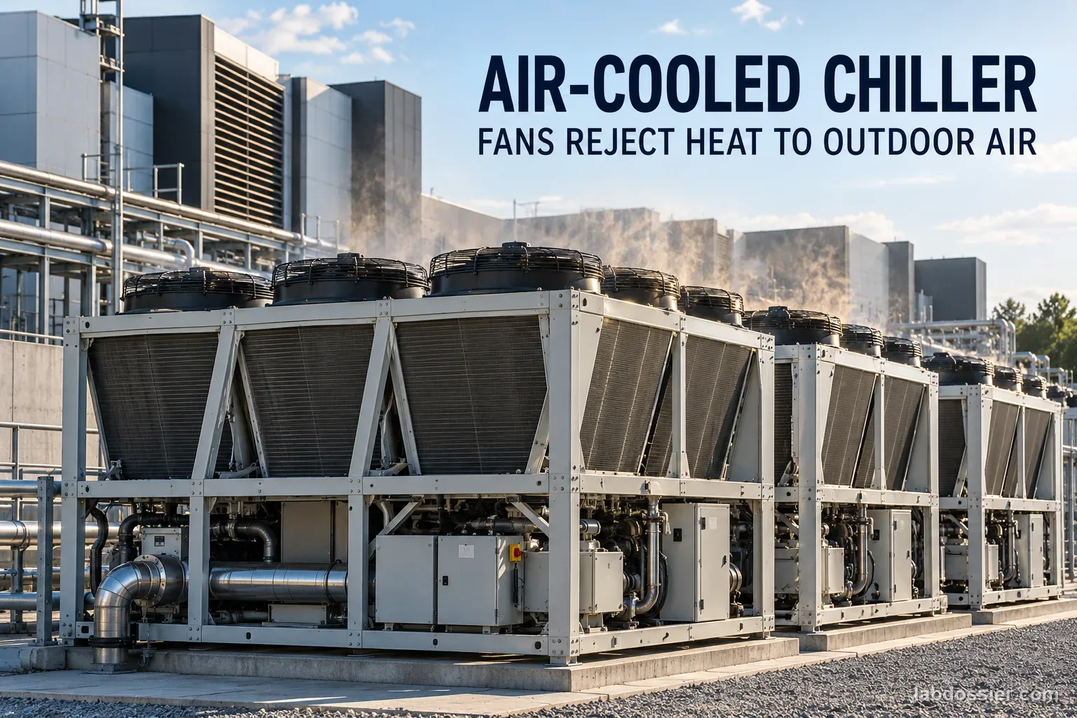 Air-cooled chiller fan array outside a data center, labeled AIR-COOLED CHILLER and FANS REJECT HEAT TO OUTDOOR AIR.