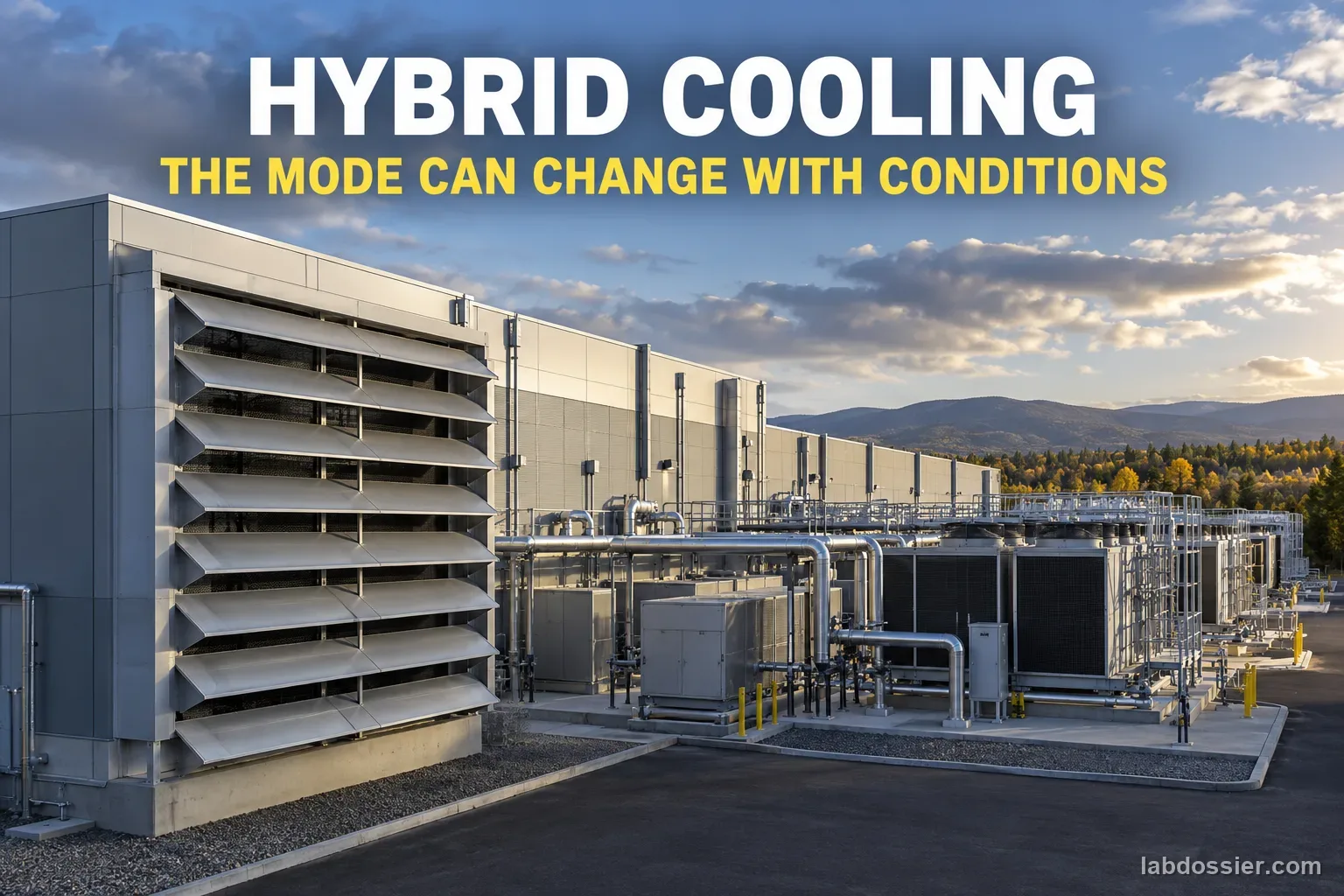 A data-center campus with air inlets and cooling equipment under the exact labels HYBRID COOLING and THE MODE CAN CHANGE WITH CONDITIONS.
