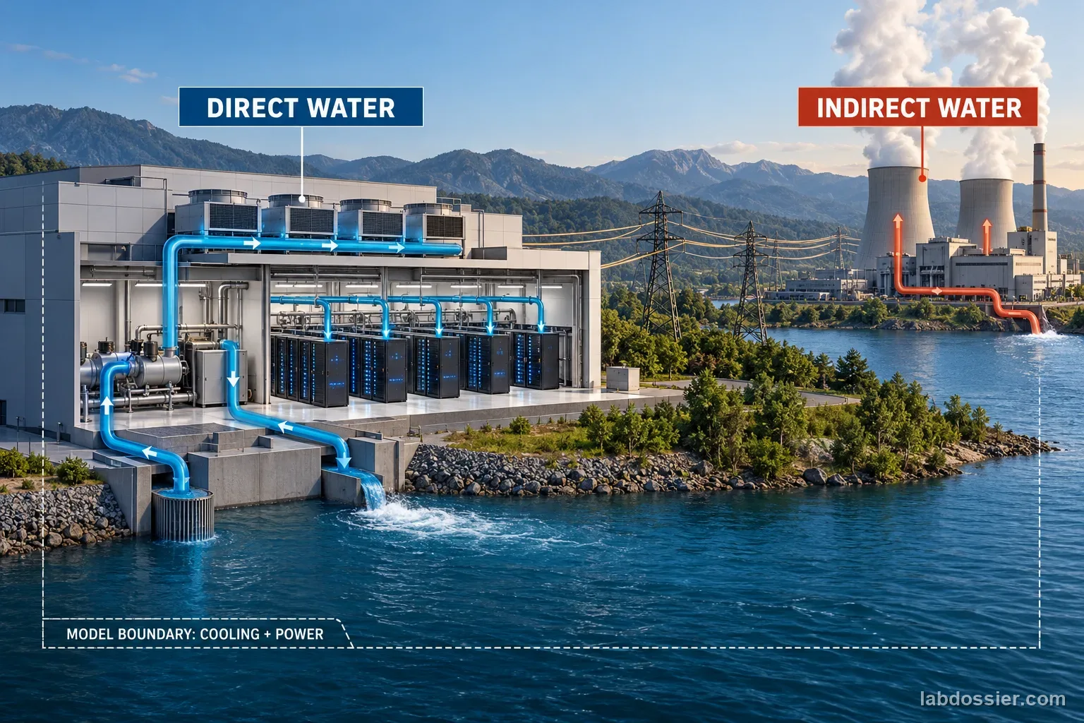 A conceptual data center and power-grid scene traces distinct facility and generator water pathways, with labels DIRECT WATER, INDIRECT WATER and MODEL BOUNDARY: COOLING + POWER.
