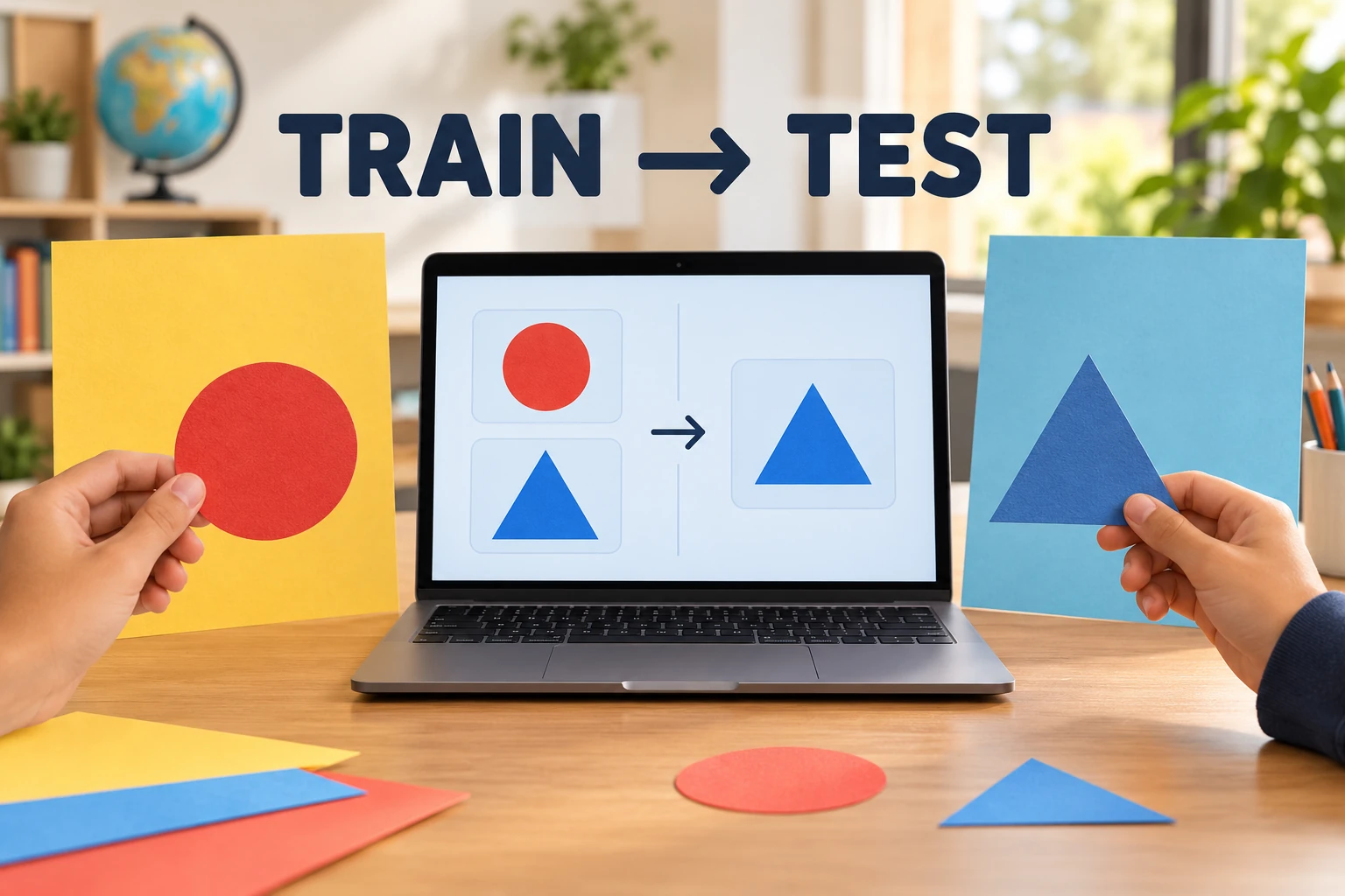A paper-shape image-classifier experiment with black circle and triangle cutouts, colored background cards and a laptop; the image reads TRAIN → TEST.