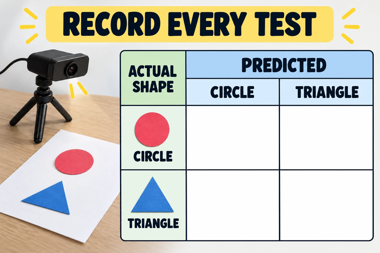 A blank confusion-matrix worksheet shows actual shape as the rows, predicted circle and triangle as the columns, and empty cells for student results.