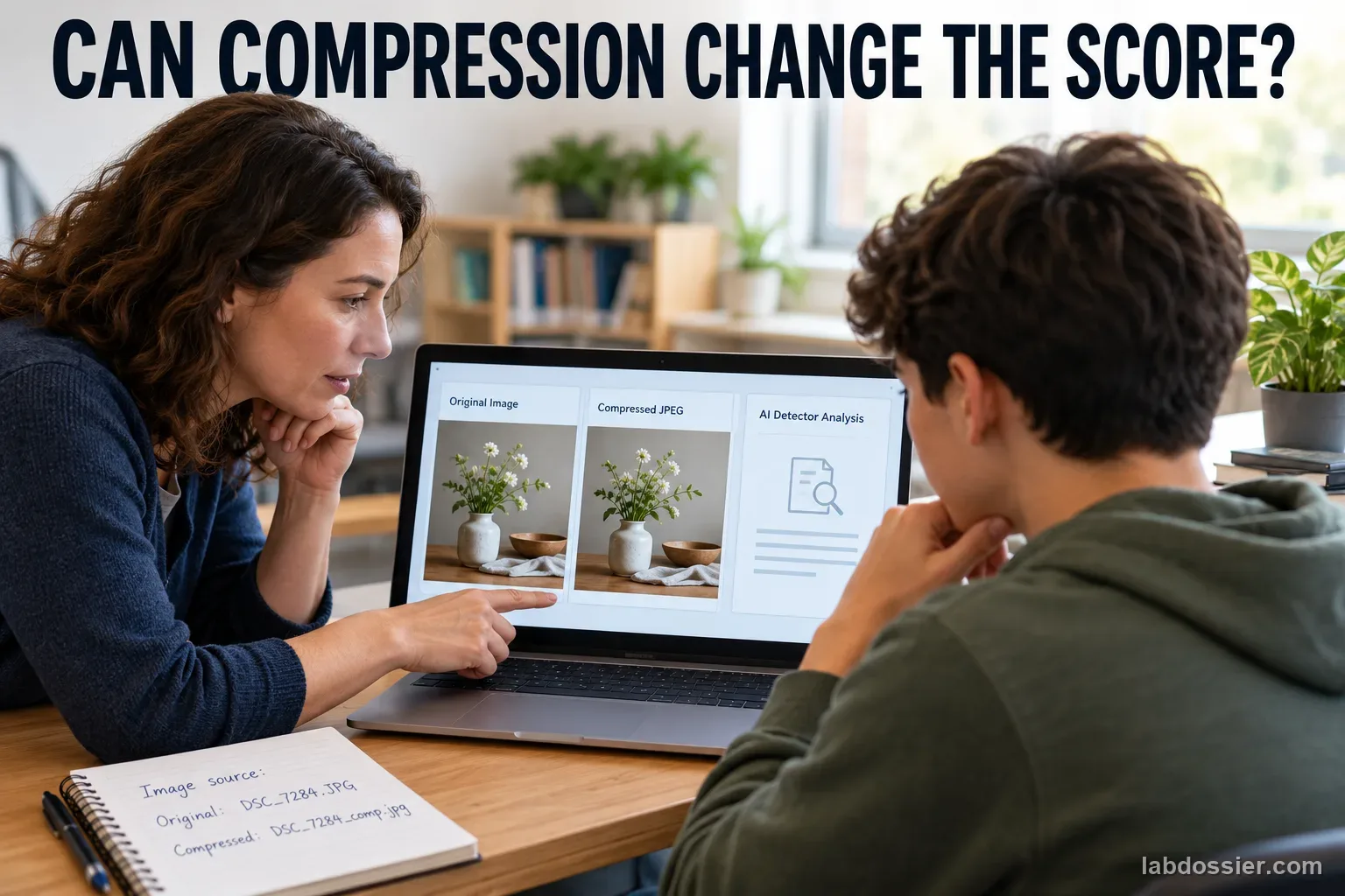 An educator and student compare a flower still-life original with a JPEG copy on a laptop beneath the headline CAN COMPRESSION CHANGE THE SCORE?
