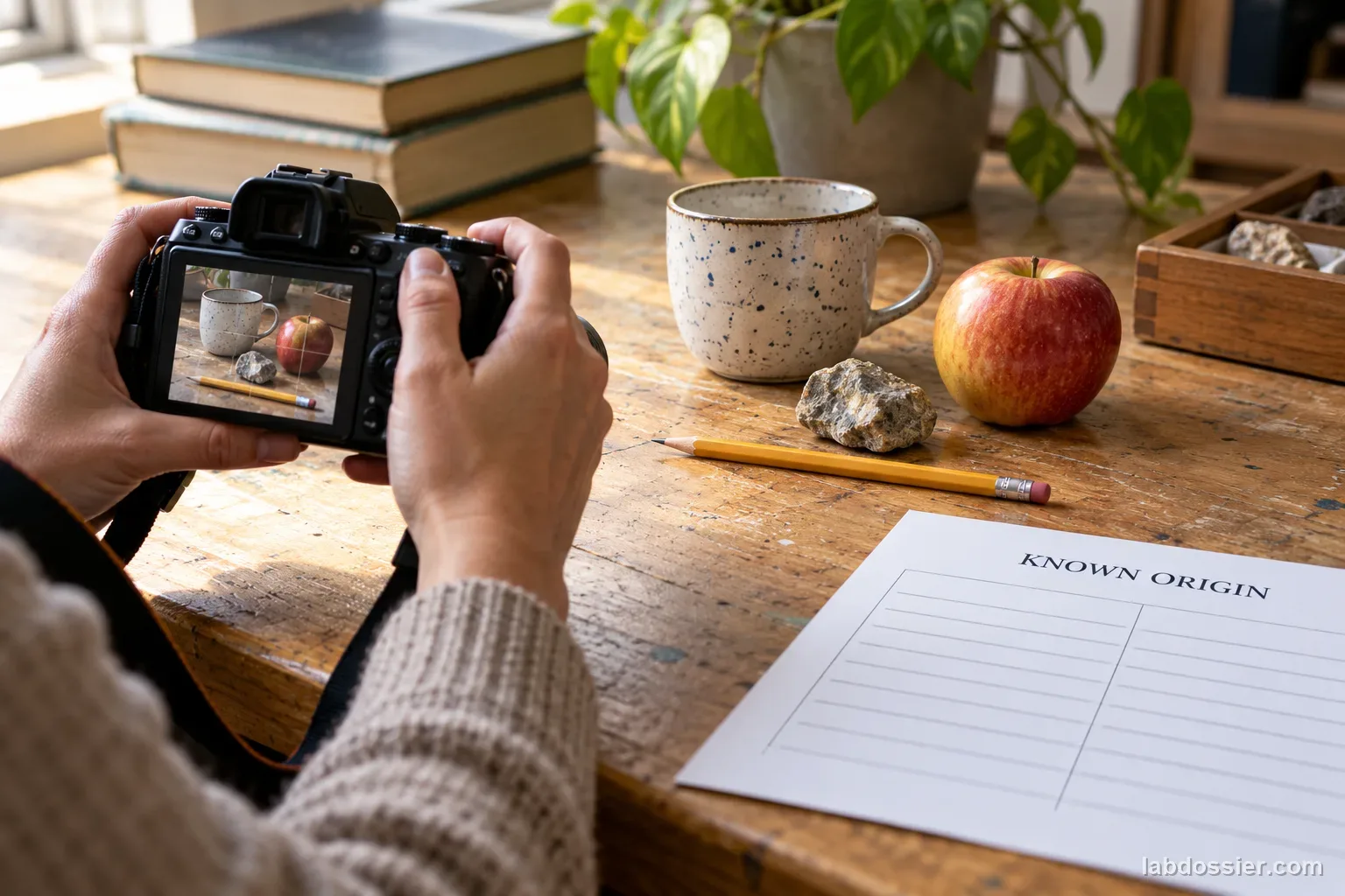 A camera records a non-identifying tabletop still life while a blank provenance log is headed KNOWN ORIGIN.