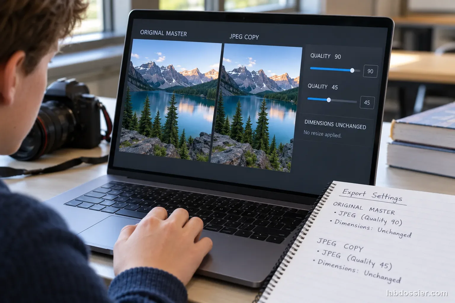 A laptop export screen compares ORIGINAL MASTER with JPEG COPY and shows QUALITY 90, QUALITY 45, and DIMENSIONS UNCHANGED.