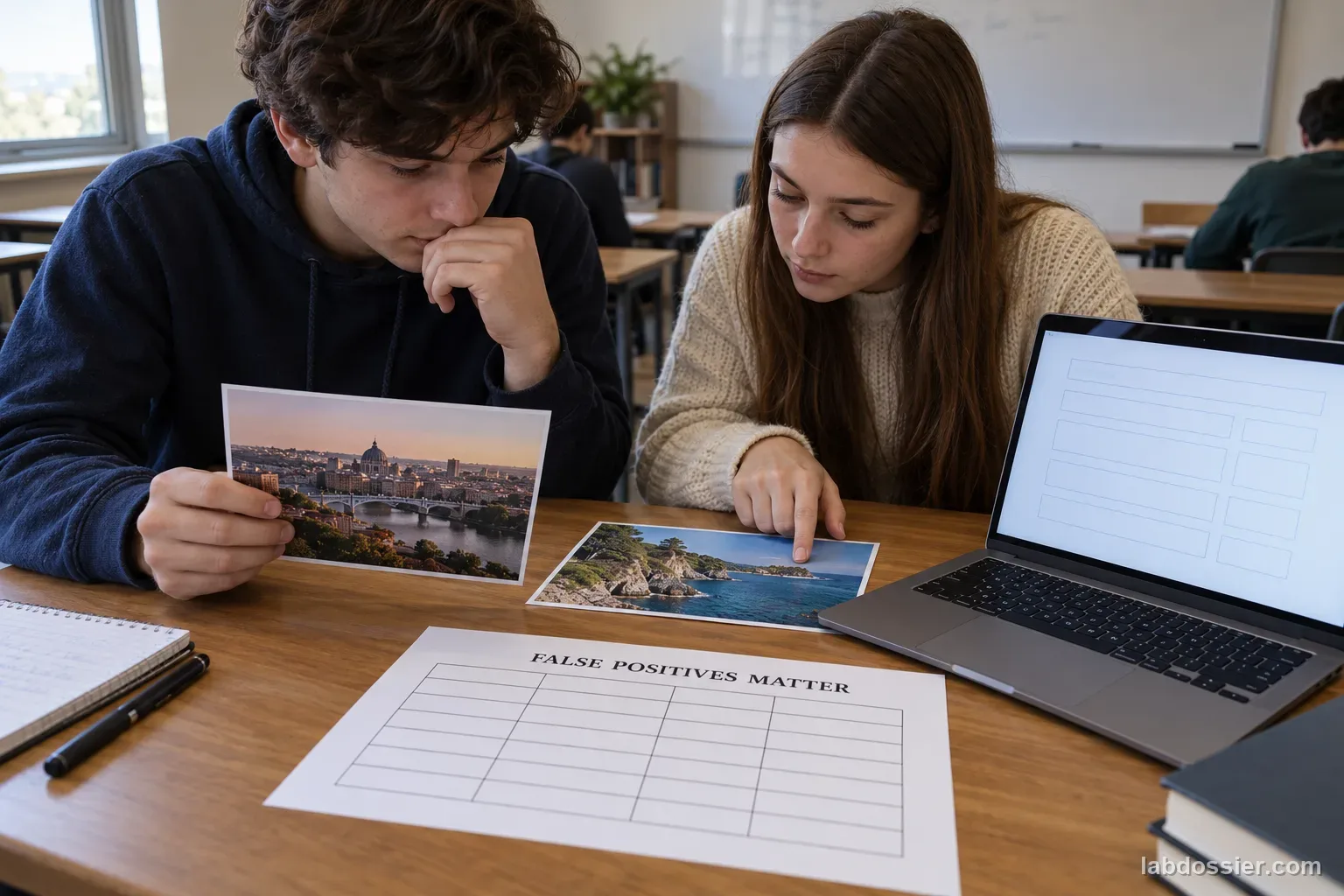 Two students compare two unclassified landscape photo prints with an empty detector log titled FALSE POSITIVES MATTER.