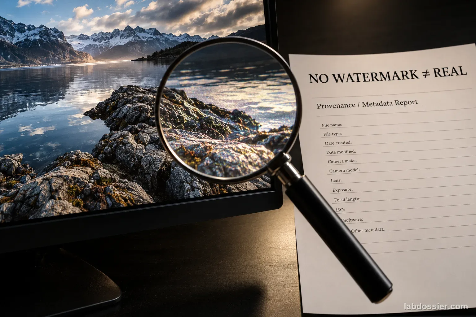 A magnifying glass over a landscape image beside a provenance report headed NO WATERMARK ≠ REAL.