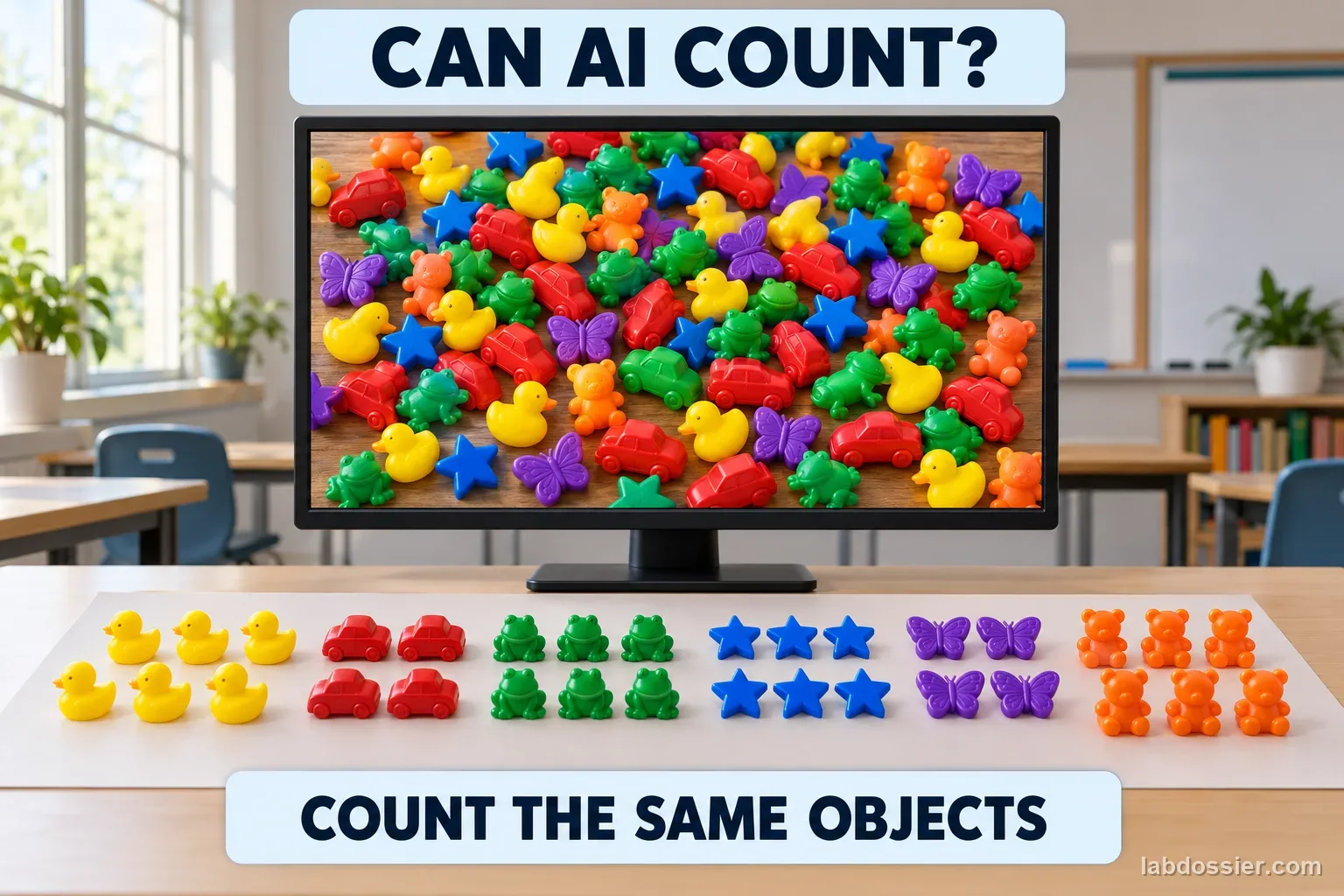 A classroom screen shows a cluttered image of colorful toy objects, while the same kinds of objects are arranged below for a verified human count. The heading asks CAN AI COUNT?