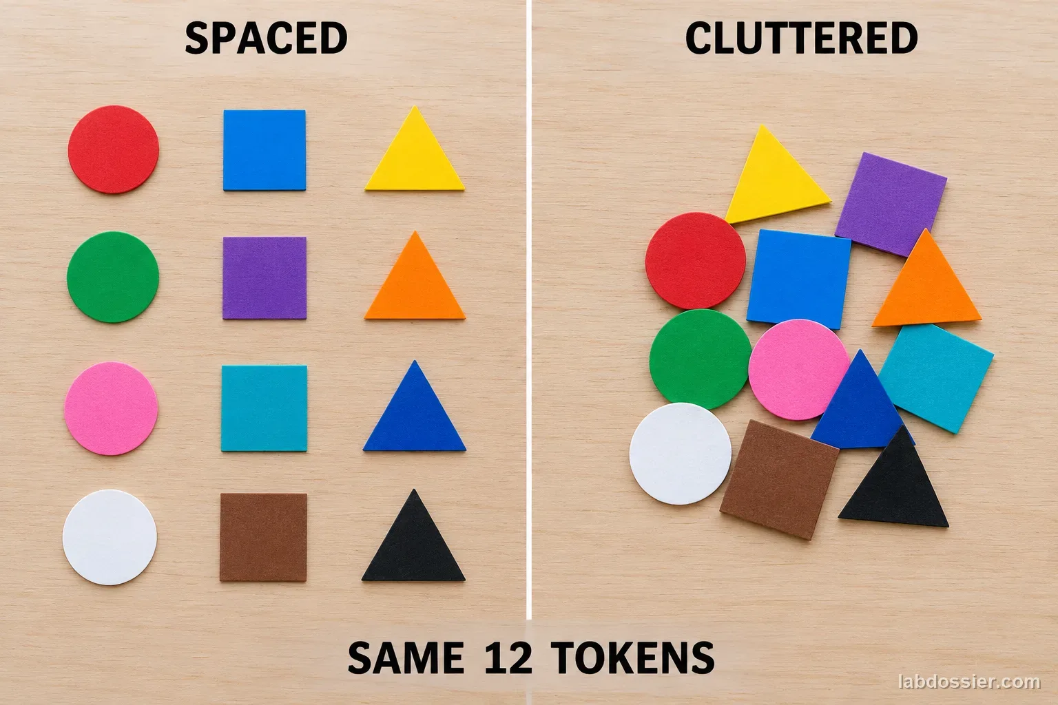 The same twelve colored paper shapes appear in a spaced layout and a more crowded layout; both panels are labeled SPACED and CLUTTERED.