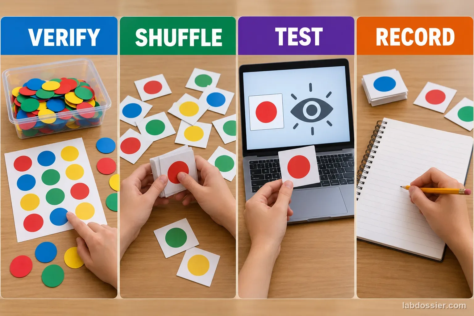 A four-step classroom procedure labeled VERIFY, SHUFFLE, TEST and RECORD shows counters, image cards, a computer and a blank notebook.