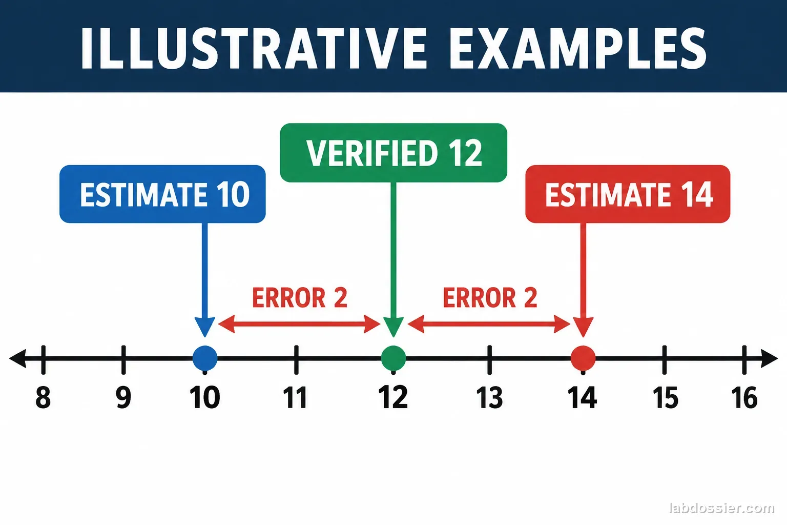 An explicitly illustrative number-line diagram shows a verified count of 12 and estimates of 10 and 14, each with absolute error 2.