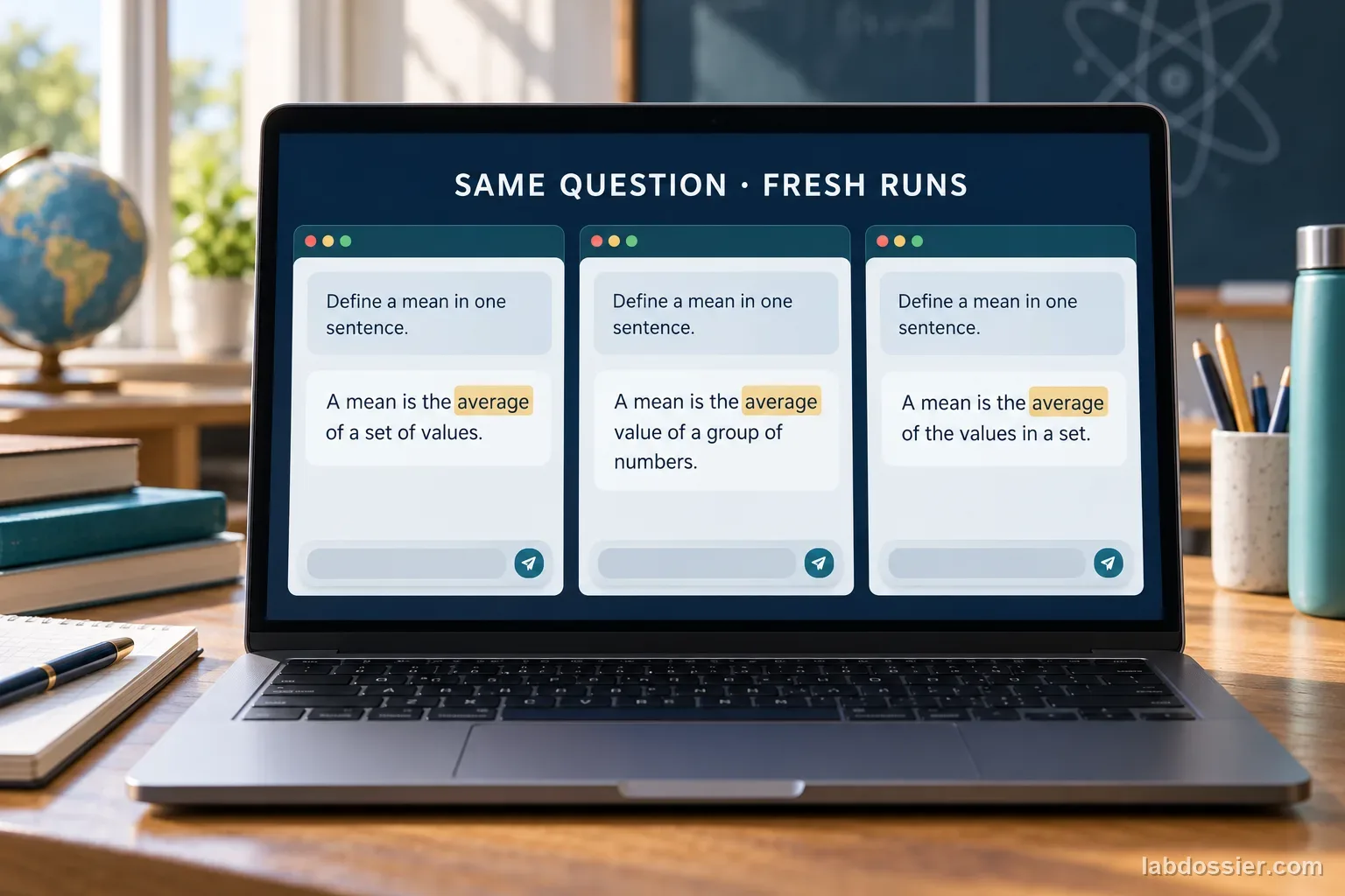 Laptop with three fresh AI sessions answering the same simple mean-definition prompt, labeled SAME QUESTION · FRESH RUNS; the example text is illustrative, not experimental output.