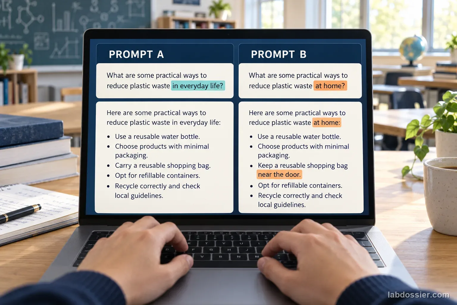 A laptop displays the same plastic-waste question in two prompt panes, with one planned phrase highlighted differently and corresponding response text beneath.