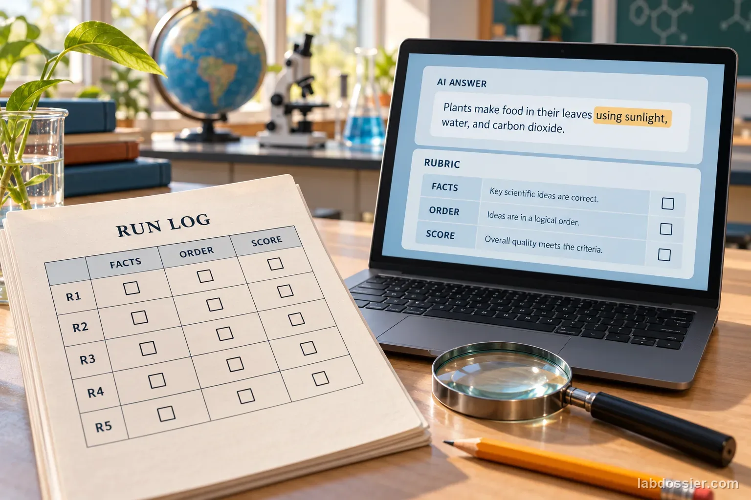 A printed run log with five run rows and columns for facts, order and score beside an AI answer and a visible rubric on a laptop.