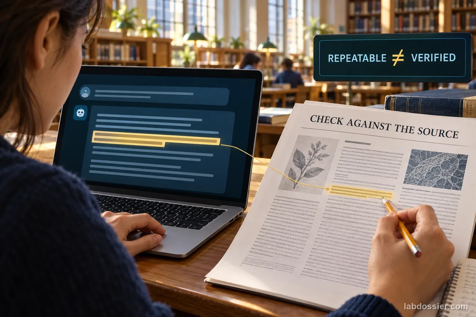 A student compares a highlighted AI answer with a printed source sheet beneath the exact reminder REPEATABLE ≠ VERIFIED.