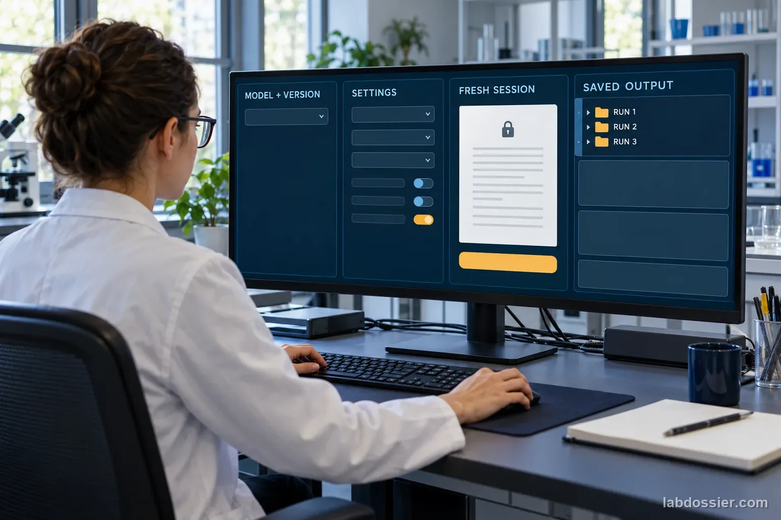 Researcher at an AI evaluation workstation with interface sections labeled MODEL + VERSION, SETTINGS, FRESH SESSION and SAVED OUTPUT, plus separate run folders.