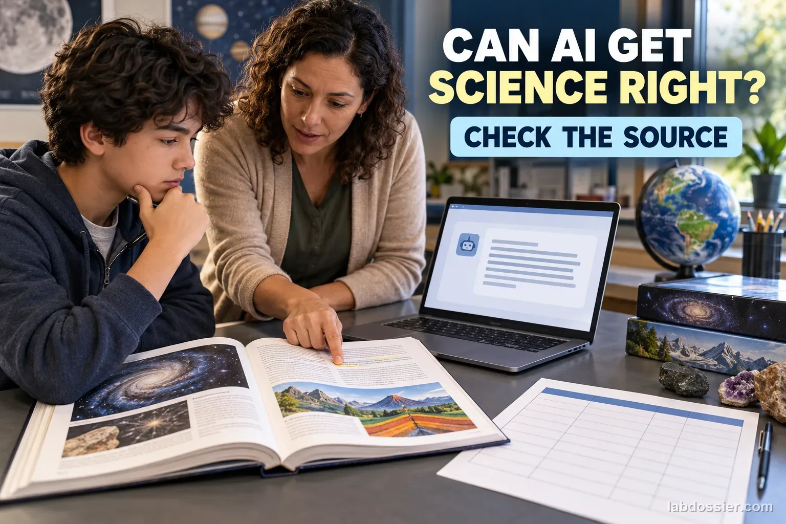 A student and teacher compare an AI response with an open science reference and a blank scoring sheet; the image reads CAN AI GET SCIENCE RIGHT? and CHECK THE SOURCE.