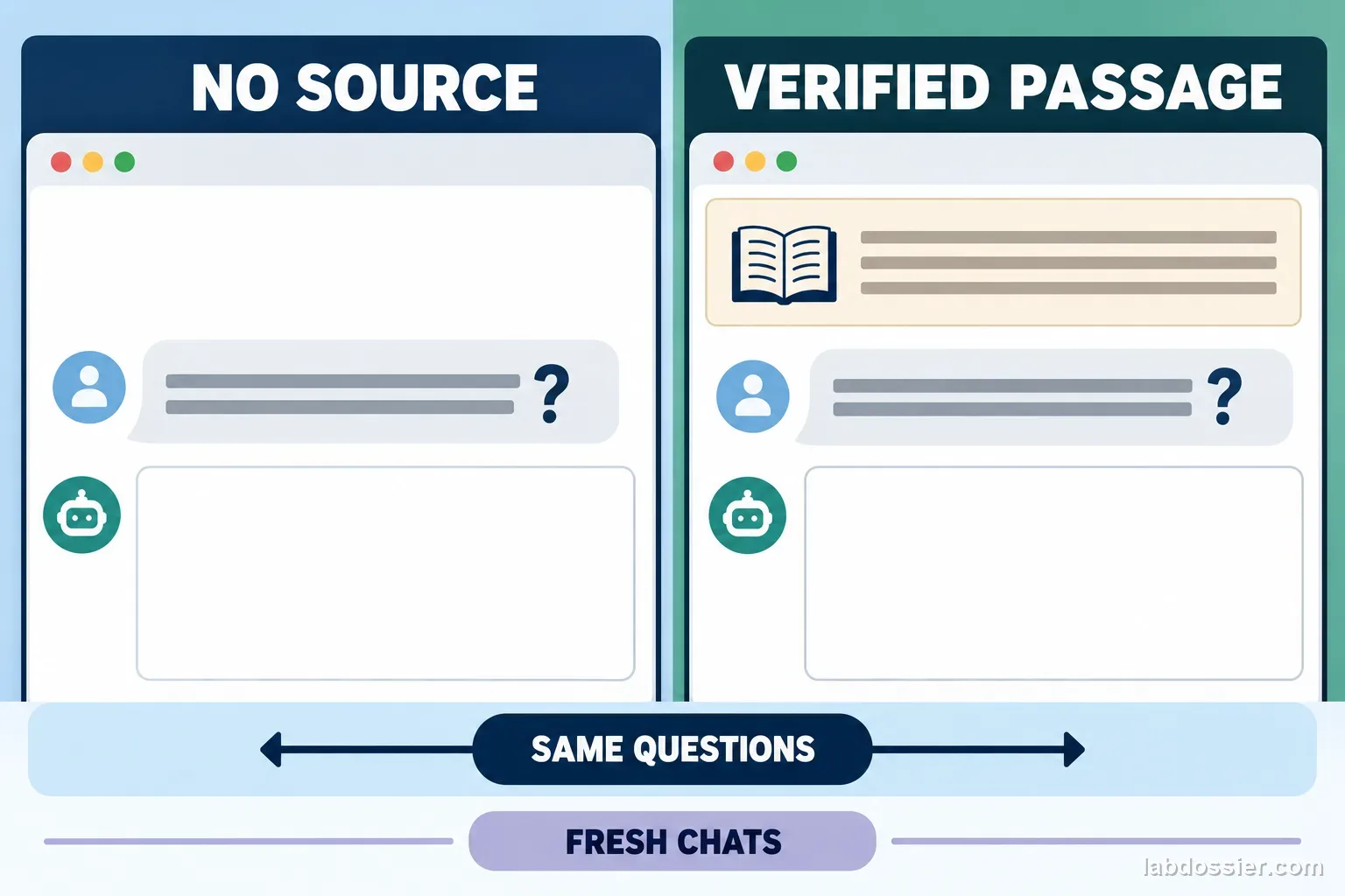 Two blank chat panels compare NO SOURCE with VERIFIED PASSAGE, under the labels SAME QUESTIONS and FRESH CHATS.