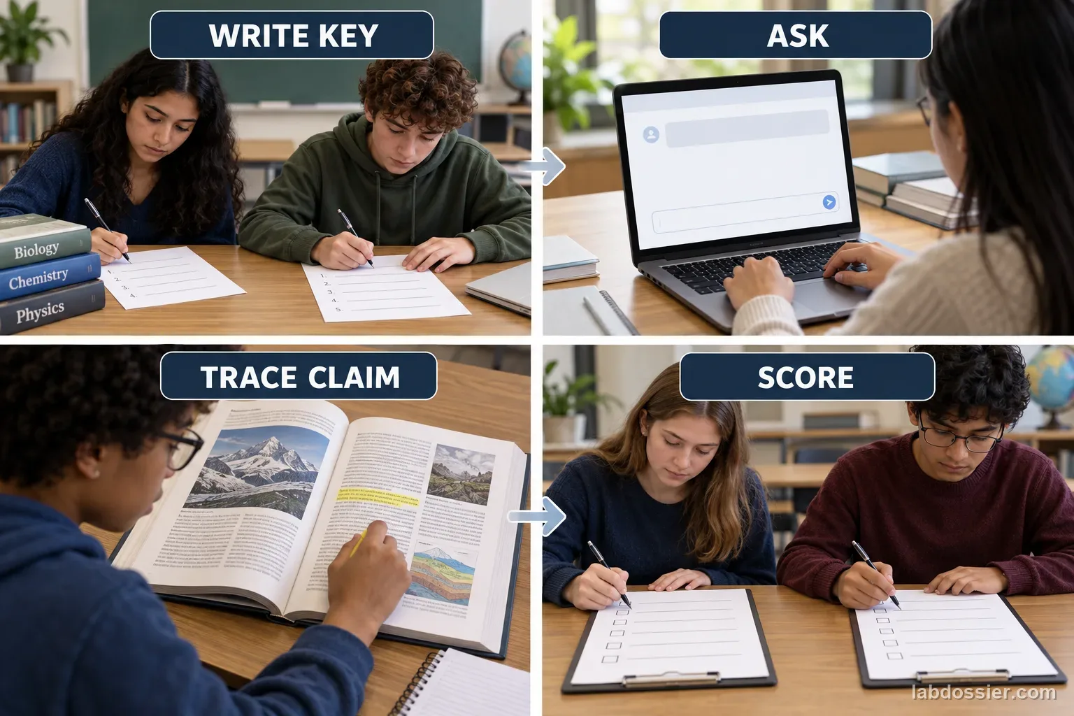 A four-panel workflow shows students write a key, ask a model, trace the claim to a source and score independently.