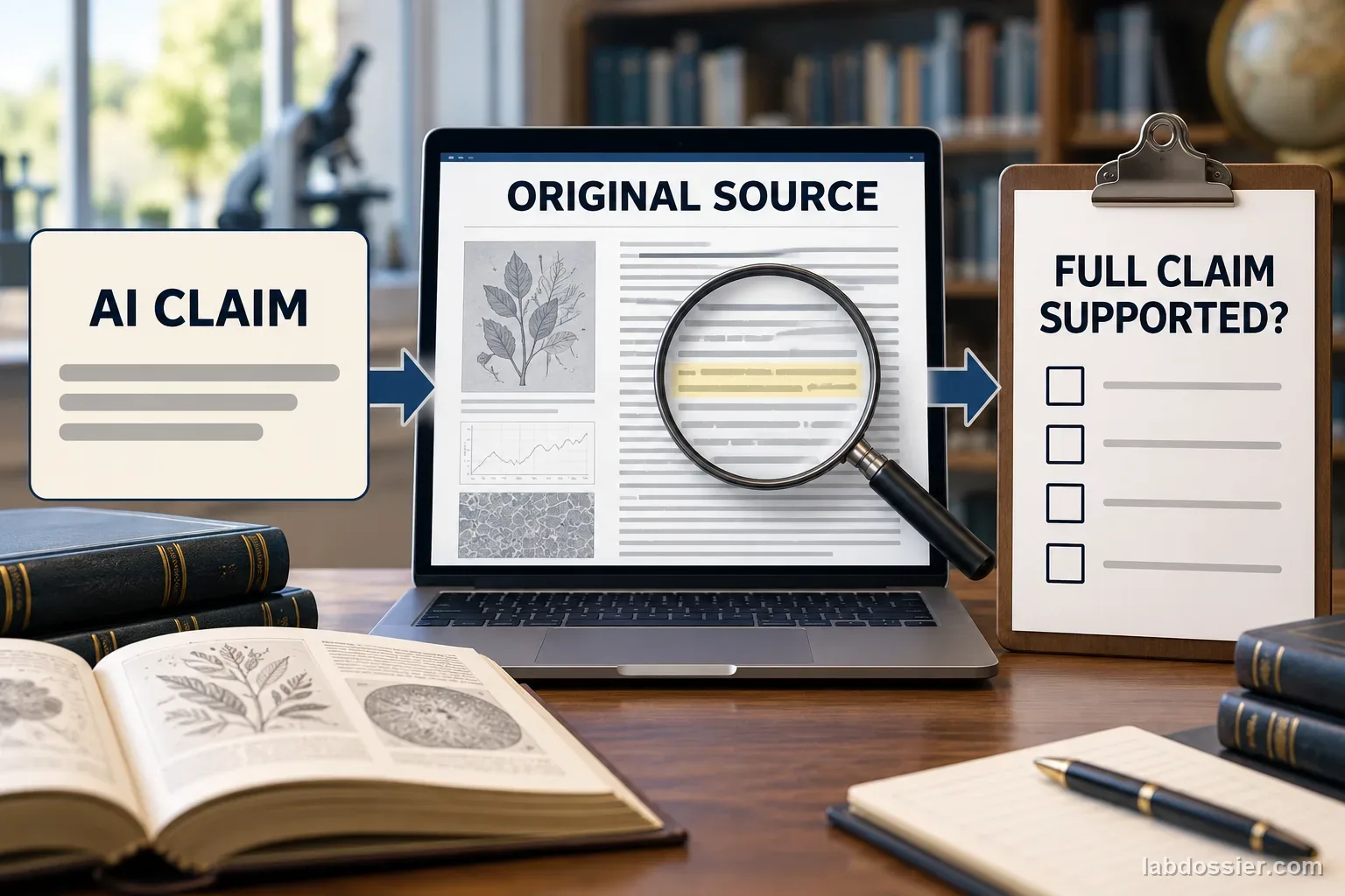 An AI claim leads to an original science source and an empty checklist labeled FULL CLAIM SUPPORTED?