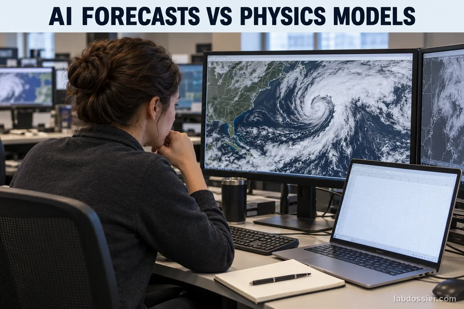 A forecaster reviews satellite imagery and a blank forecast-data sheet in an operations room beneath the exact headline AI FORECASTS VS PHYSICS MODELS.