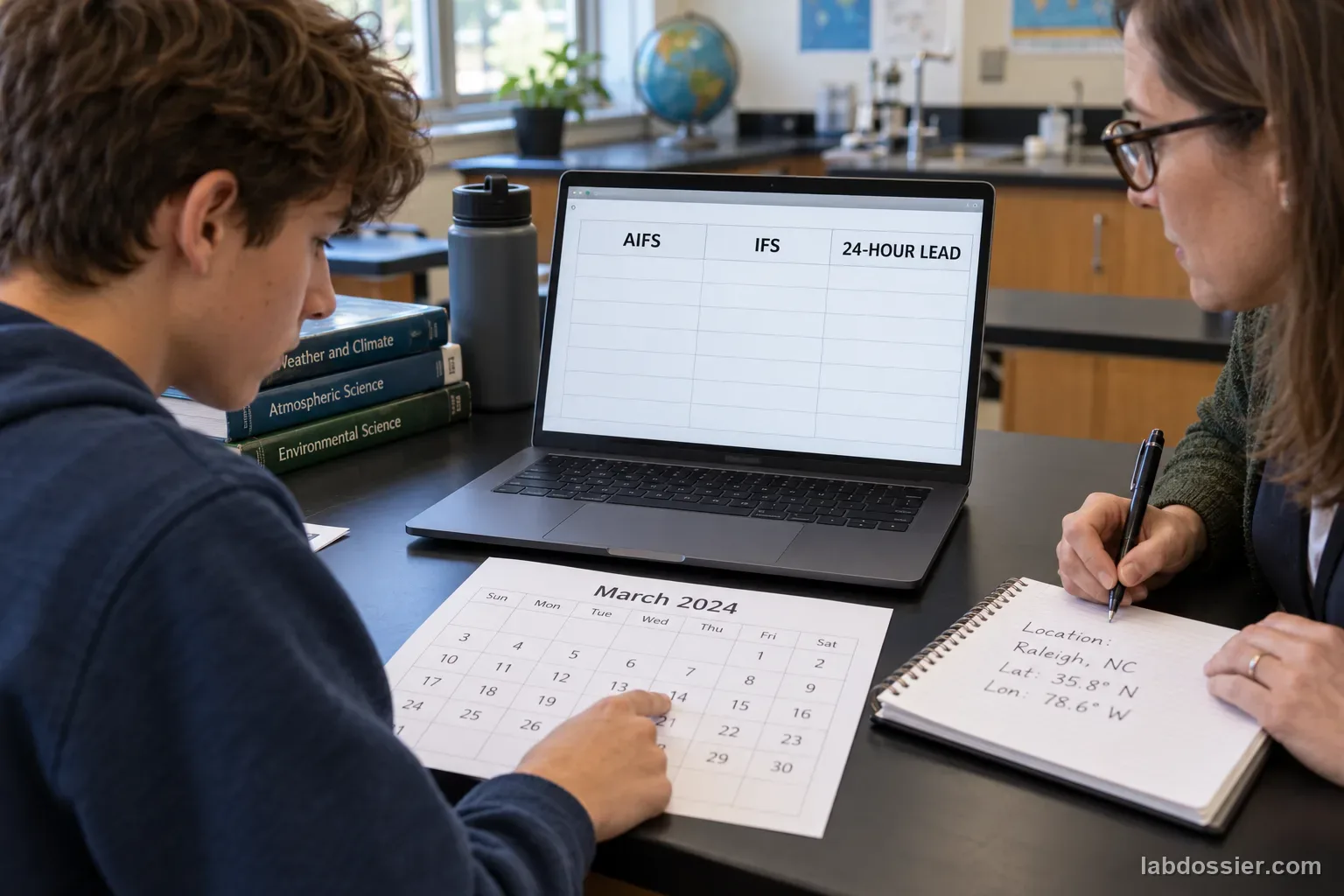 A student and teacher retrieve archived weather data on a laptop with blank AIFS, IFS and 24-HOUR LEAD columns while marking a date and location.