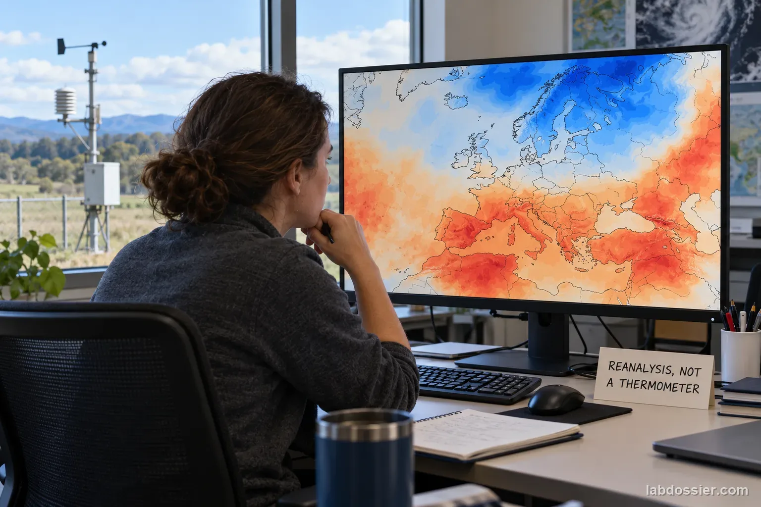 A weather scientist views a gridded reanalysis map beside an outdoor weather instrument, with a note reading REANALYSIS, NOT A THERMOMETER.