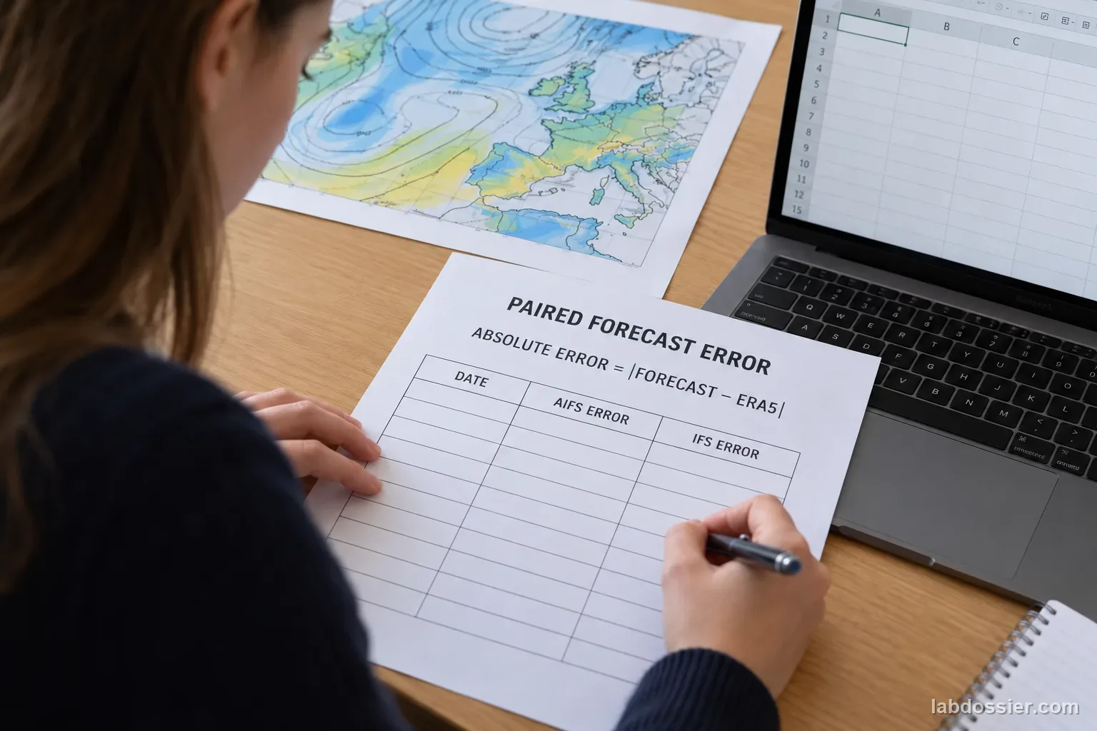 A student writes on a blank paired-error worksheet headed PAIRED FORECAST ERROR with the formula ABSOLUTE ERROR = |FORECAST − ERA5| and empty AIFS and IFS columns.