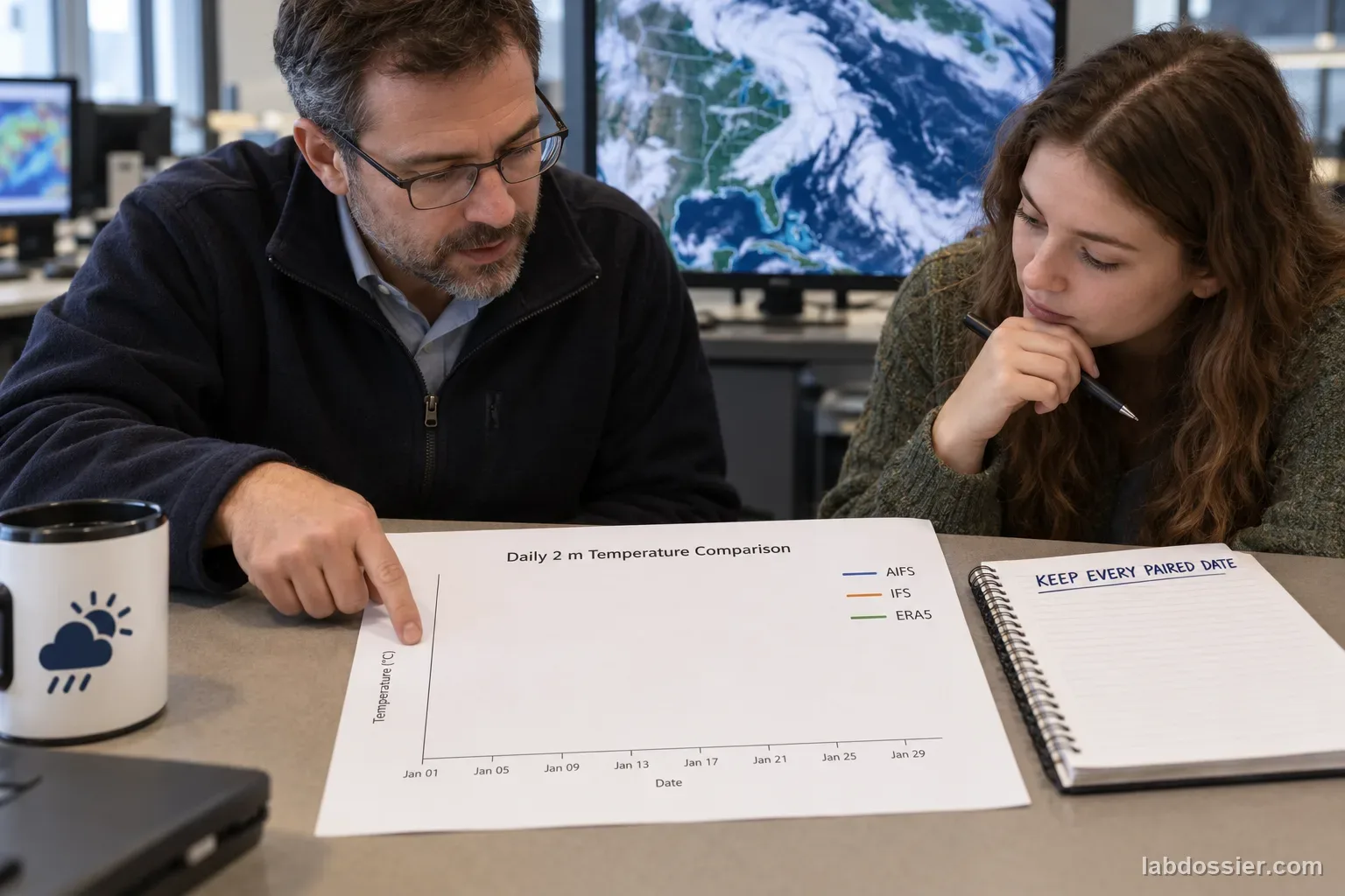 A meteorologist and student inspect an empty three-series daily temperature graph labeled AIFS, IFS and ERA5 beside a notebook headed KEEP EVERY PAIRED DATE.
