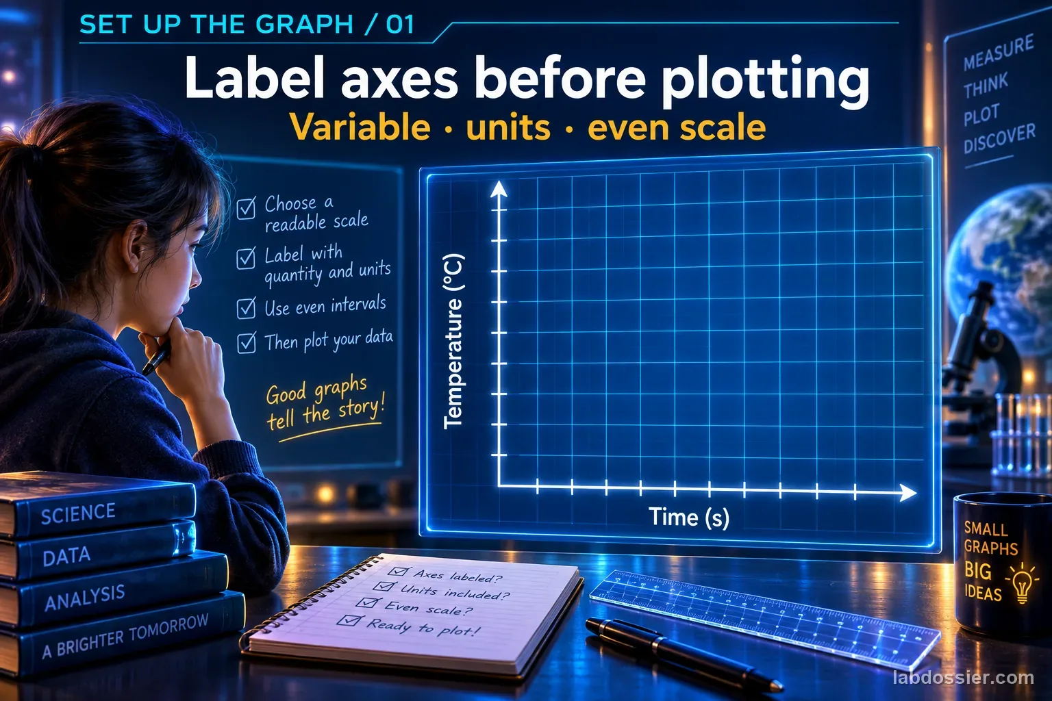 A student prepares a blank holographic graph with labeled temperature and time axes and even grid intervals.